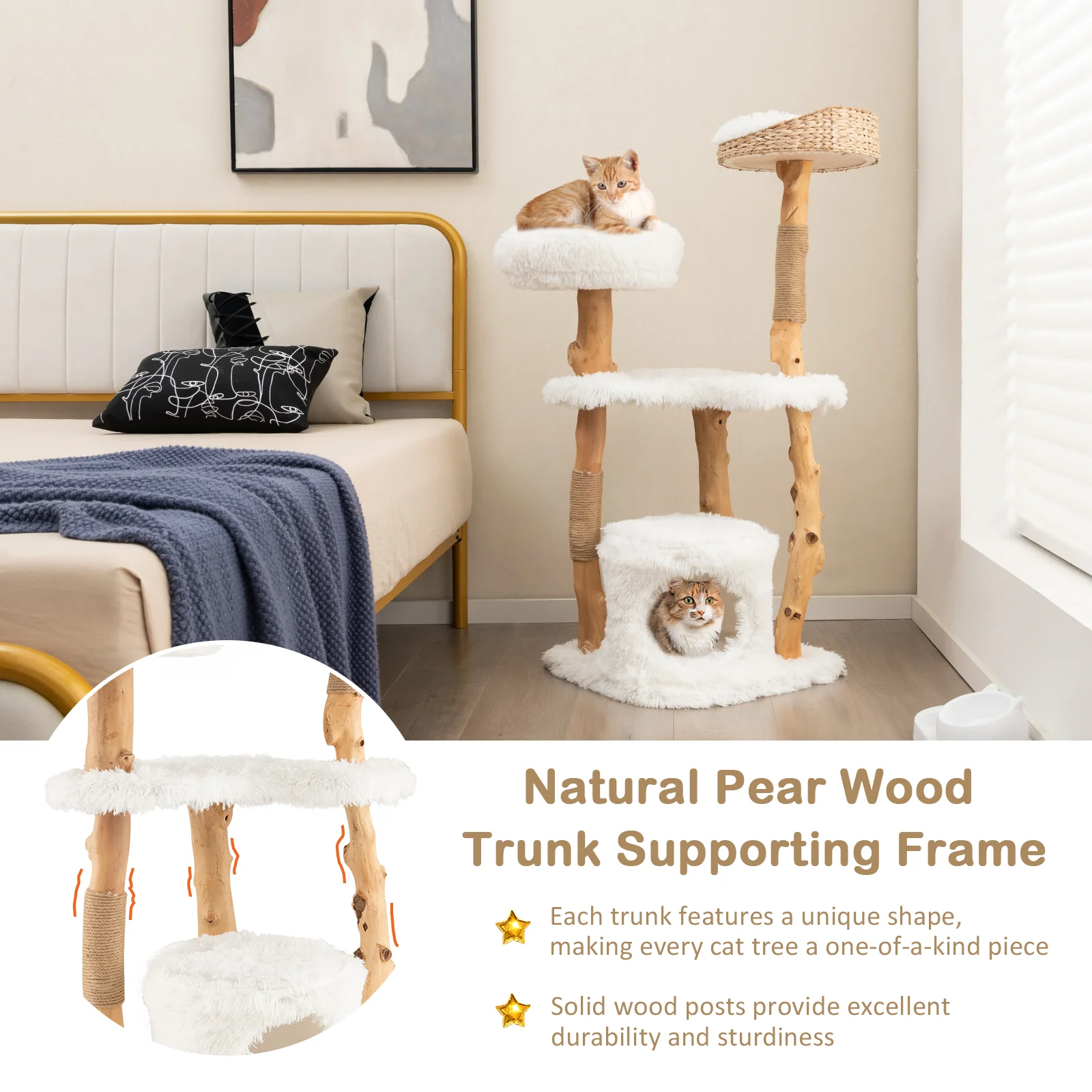 Solid Wood Cat Tower with Cattail Basket, White - Image 10