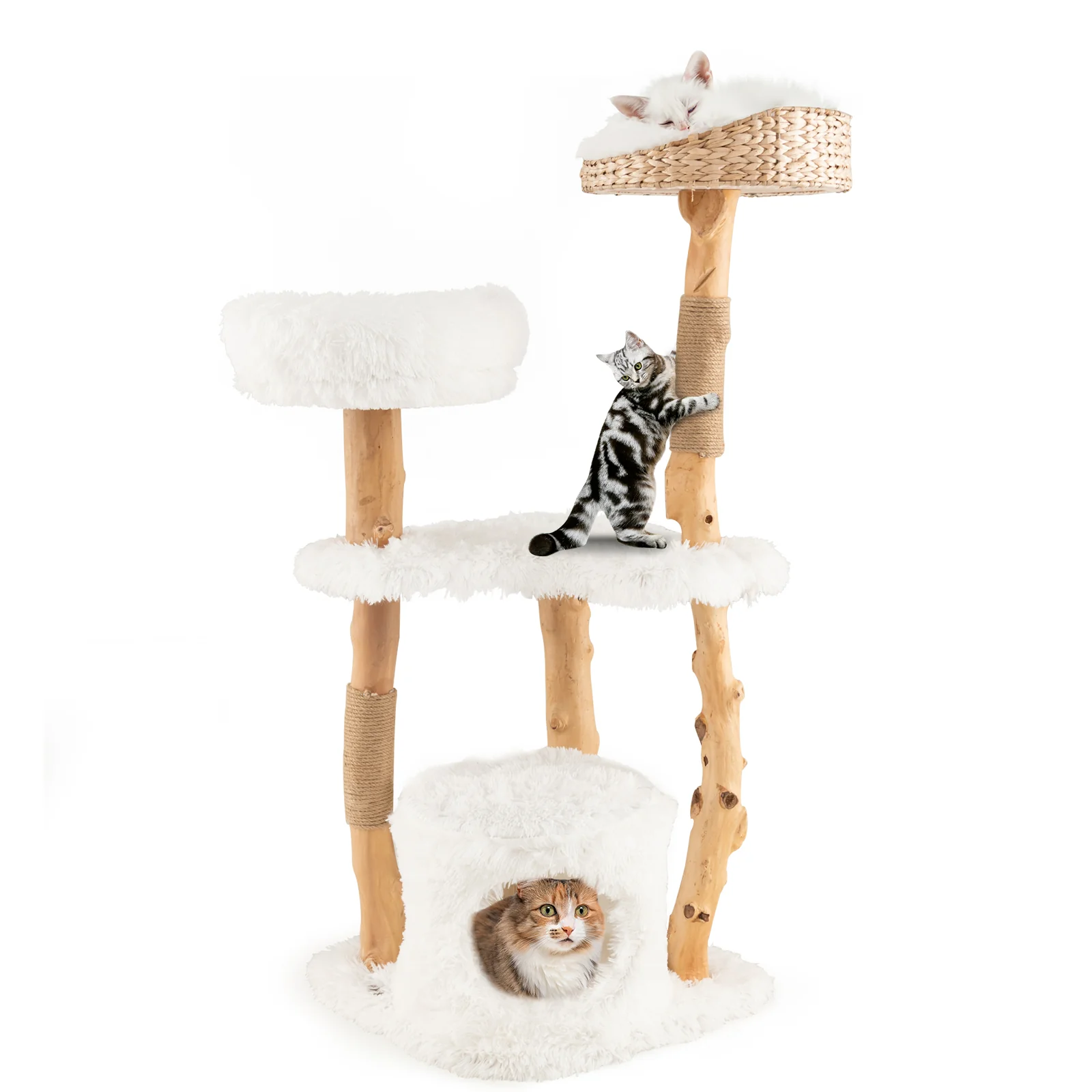 Solid Wood Cat Tower with Cattail Basket, White - Image 5