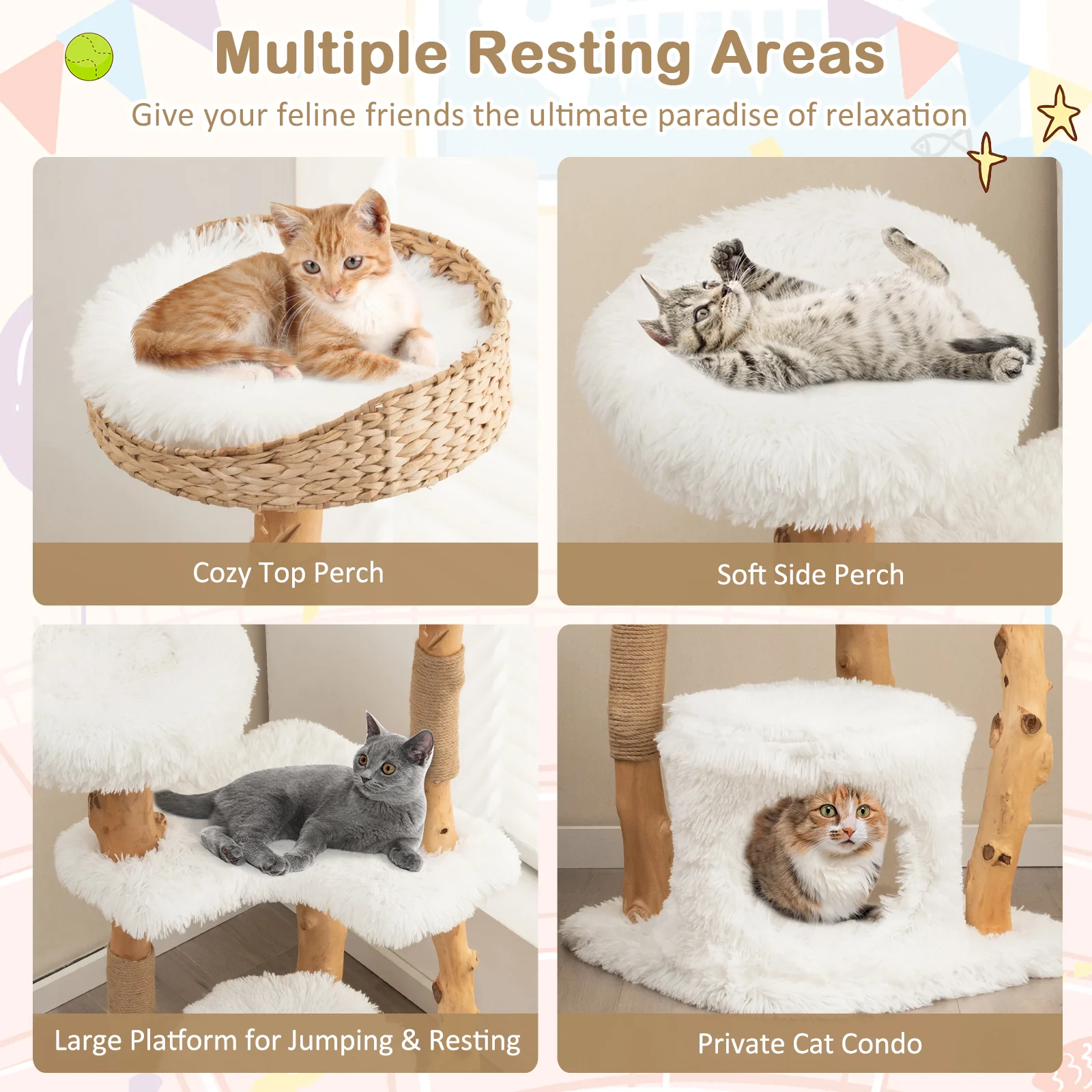 Solid Wood Cat Tower with Cattail Basket, White - Image 7