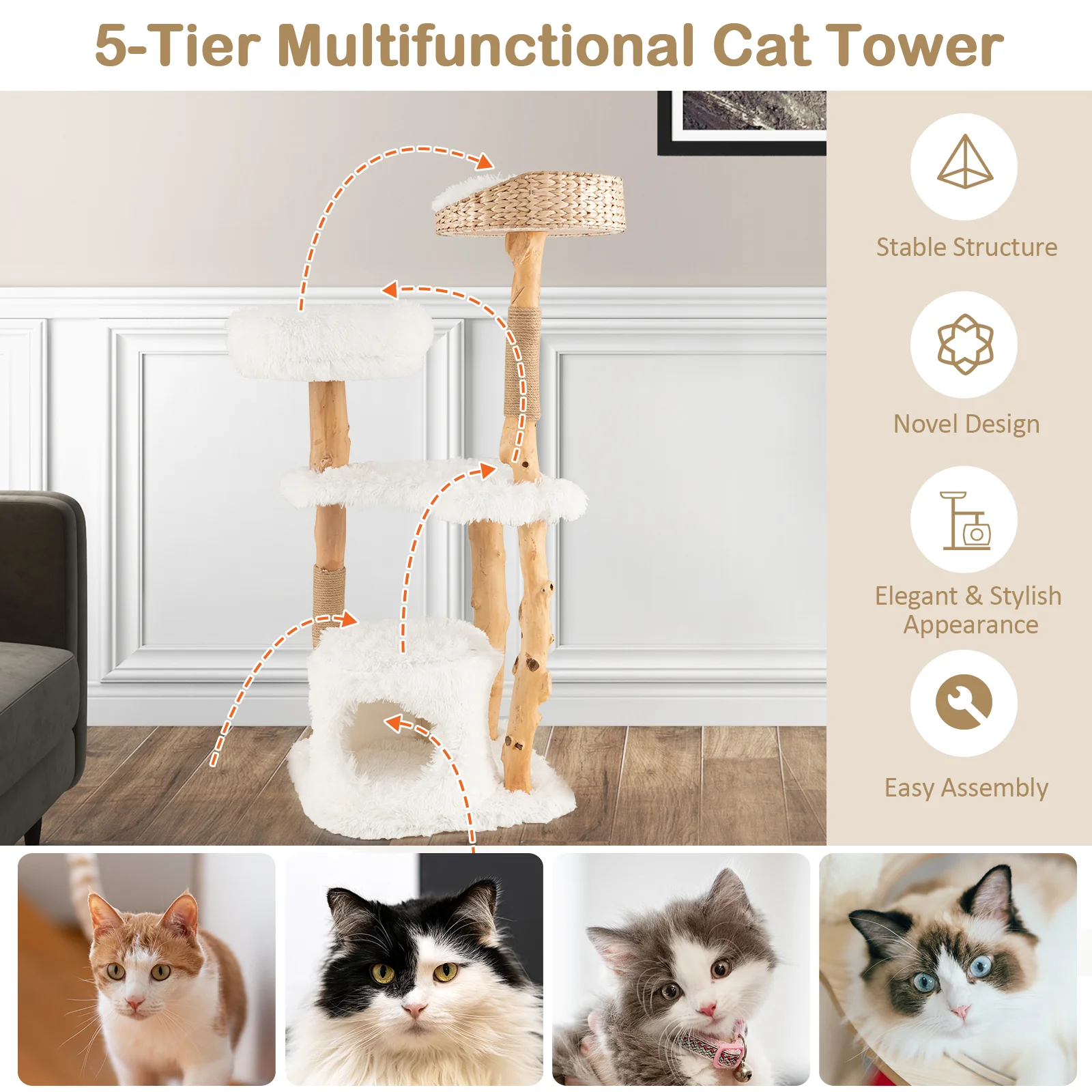 Solid Wood Cat Tower with Cattail Basket, White - Image 9