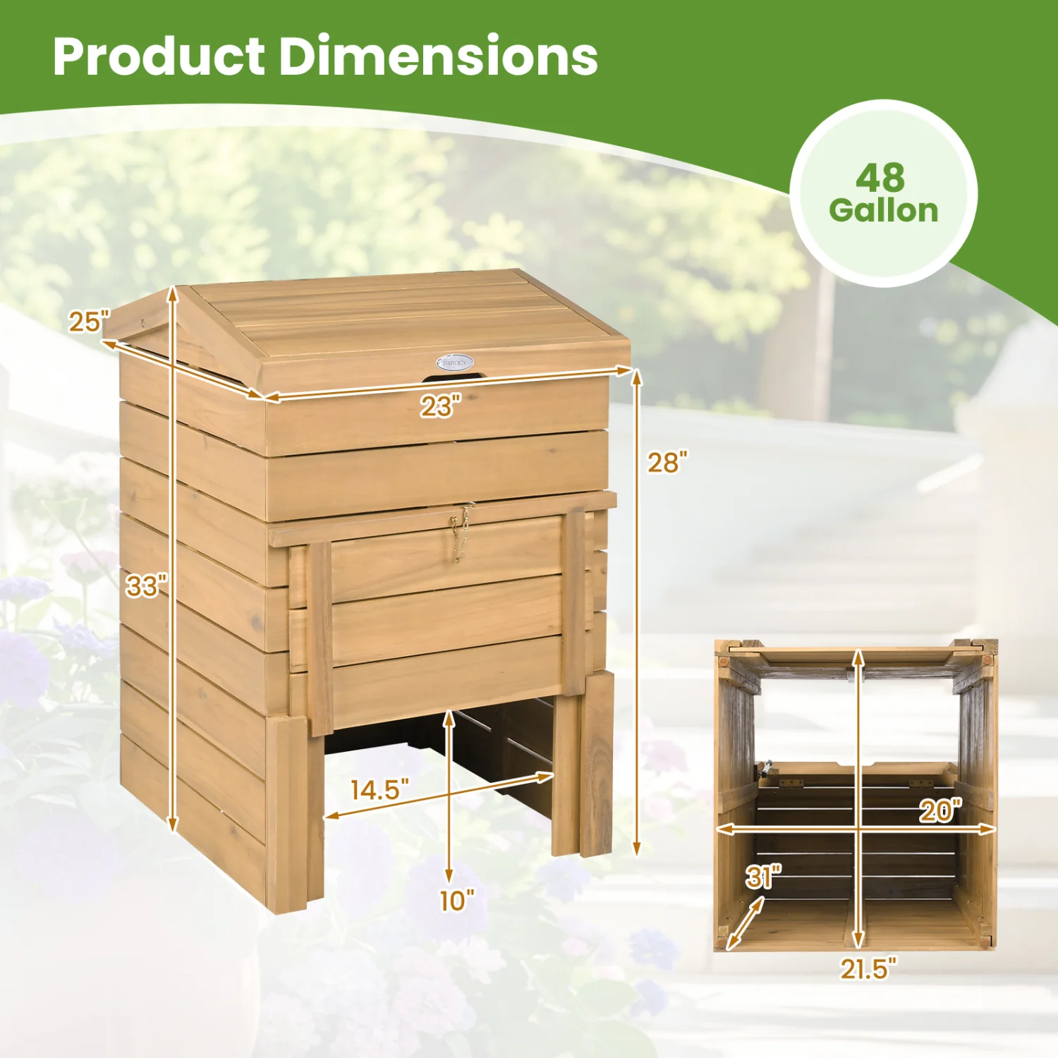 Compost Bin, Lockable Sliding Door, Flip-Top, Garden, Solid Wood, Natural - Image 5