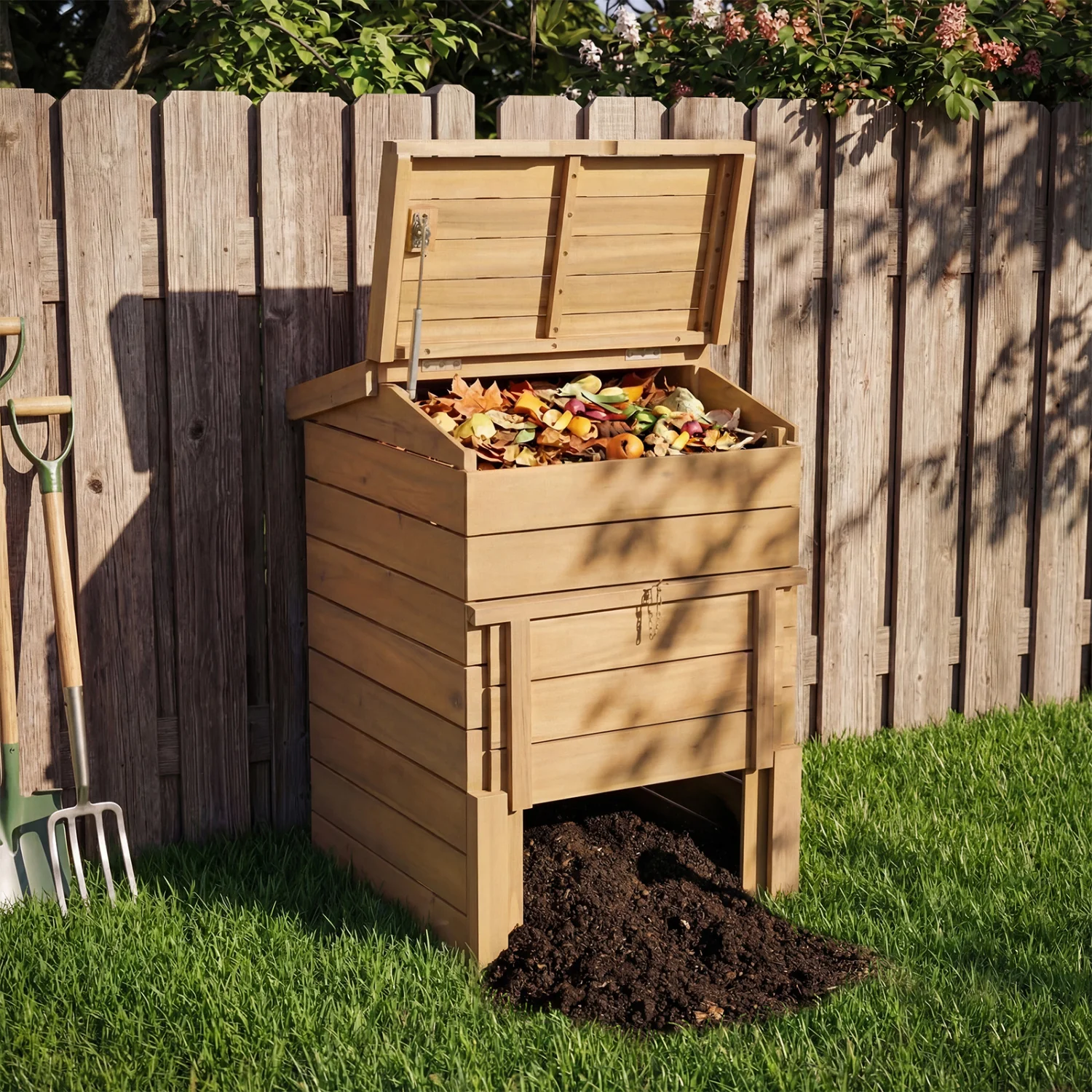 Compost Bin, Lockable Sliding Door, Flip-Top, Garden, Solid Wood, Natural - Image 6