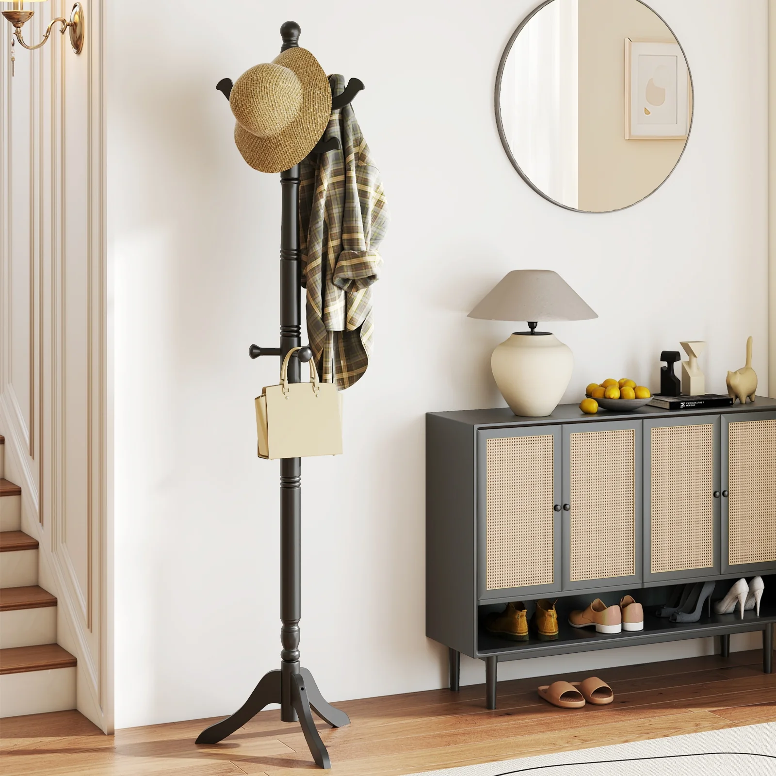 Solid Wood Hall Tree, 11 Hooks, 3 Height Options, Black - Image 2