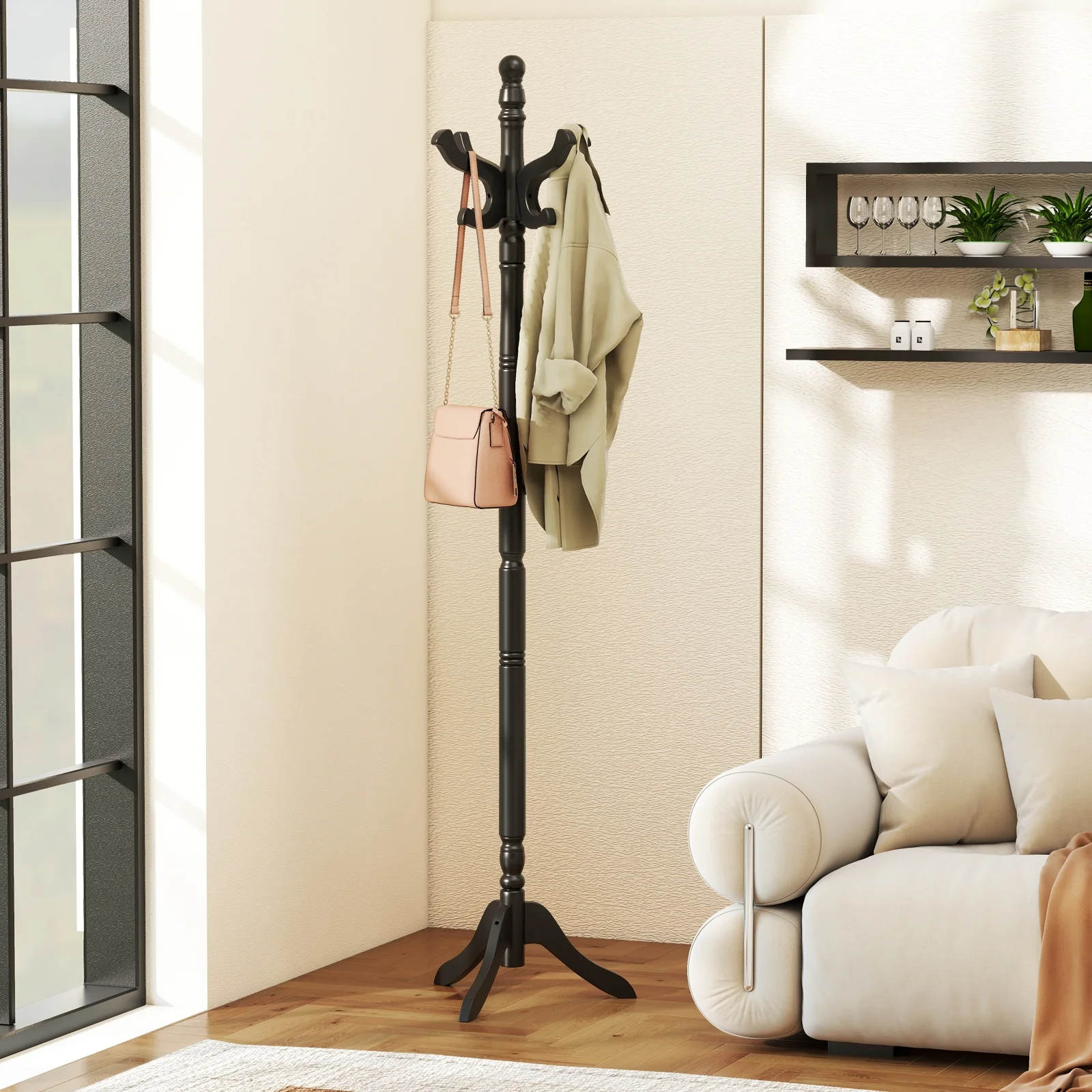 Solid Wood Hall Tree, 11 Hooks, 3 Height Options, Black - Image 3