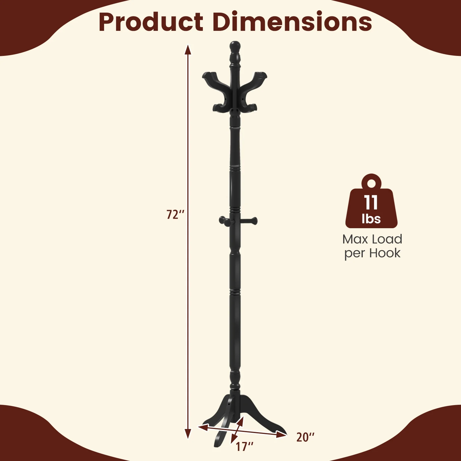 Solid Wood Hall Tree, 11 Hooks, 3 Height Options, Black - Image 6