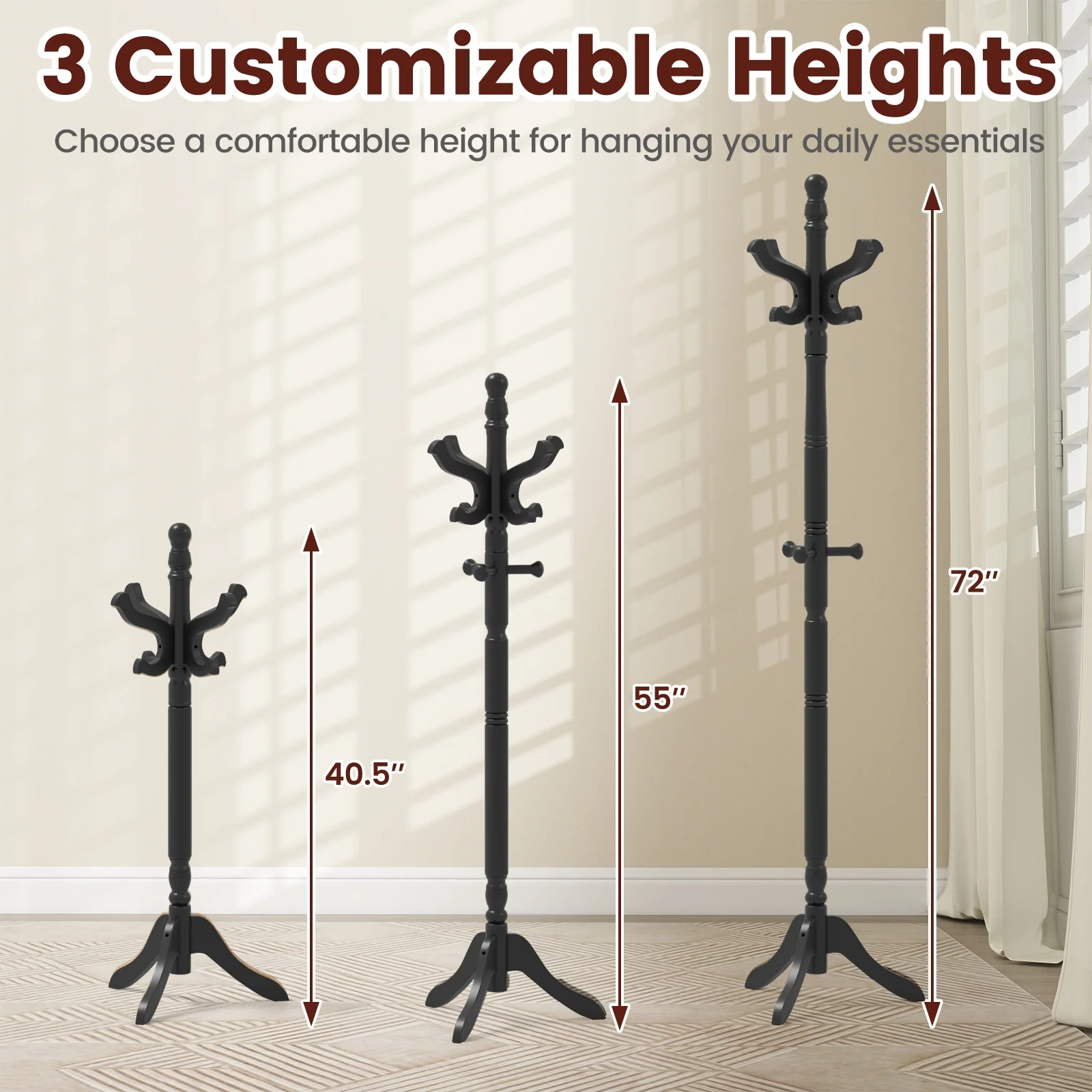 Solid Wood Hall Tree, 11 Hooks, 3 Height Options, Black - Image 8