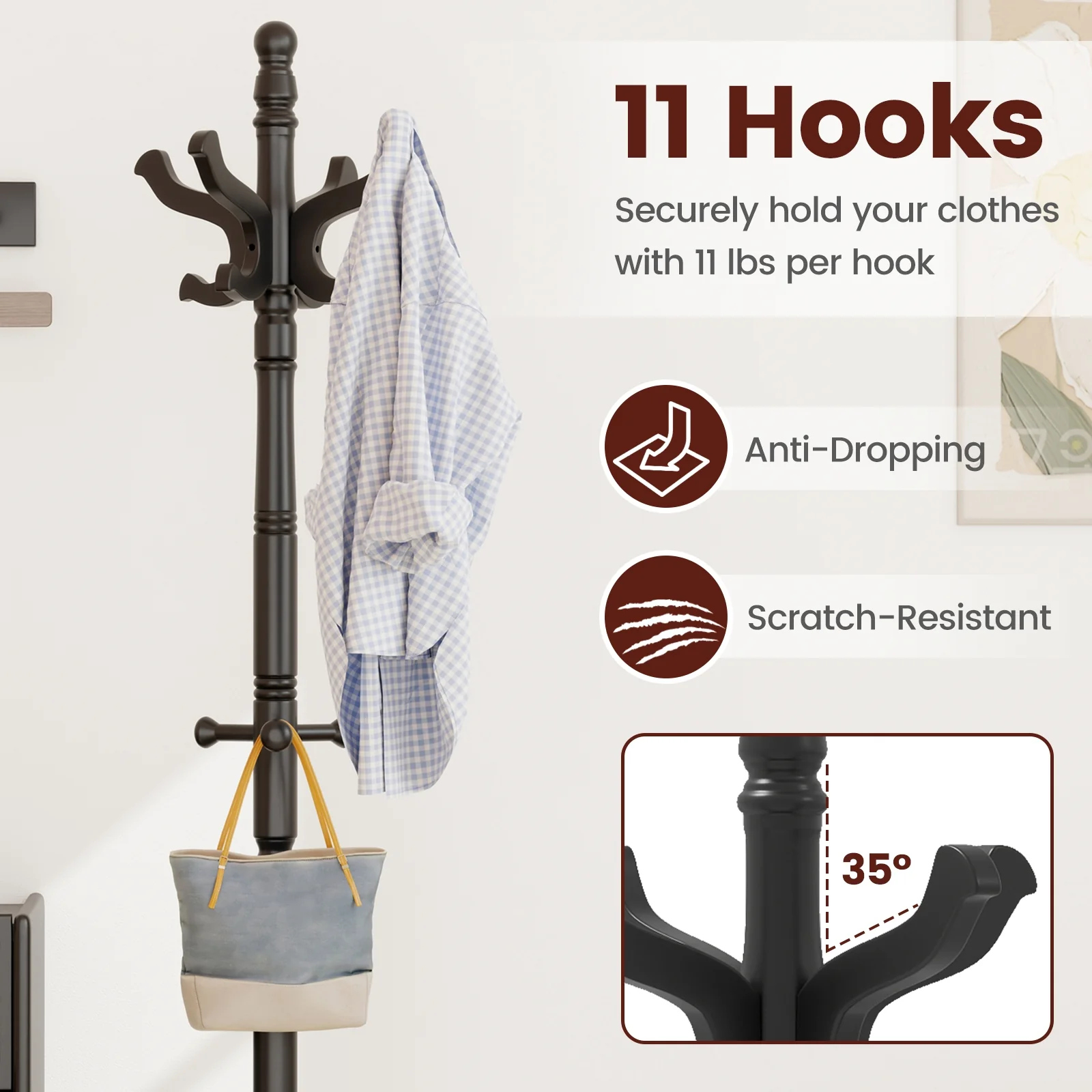 Solid Wood Hall Tree, 11 Hooks, 3 Height Options, Black - Image 9