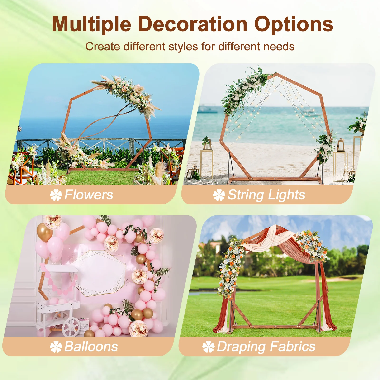 Solid Wood Heptagon Wedding Arch Arbor, Backdrop Stand - Image 10