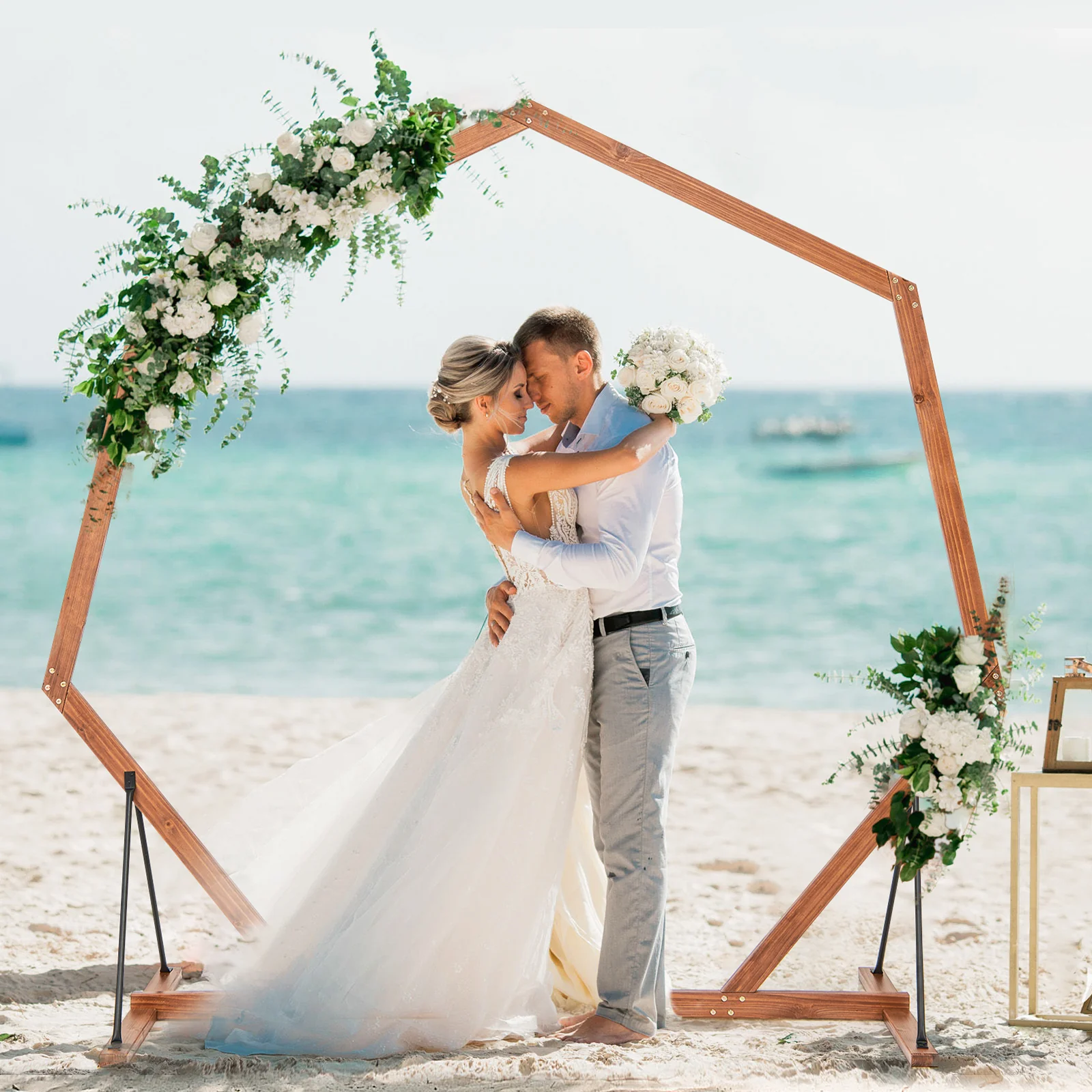Solid Wood Heptagon Wedding Arch Arbor, Backdrop Stand - Image 2