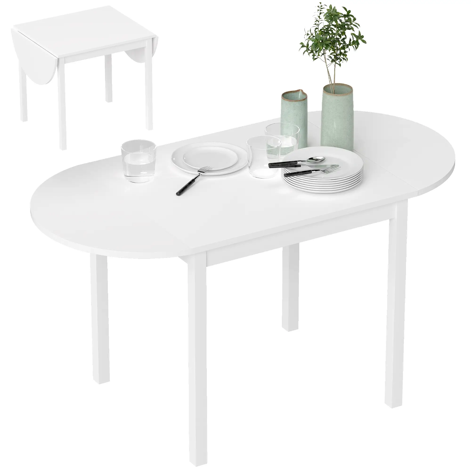 Solid Wood Kitchen Table, Drop Leaf, Folding Dining Table, White - Image 11