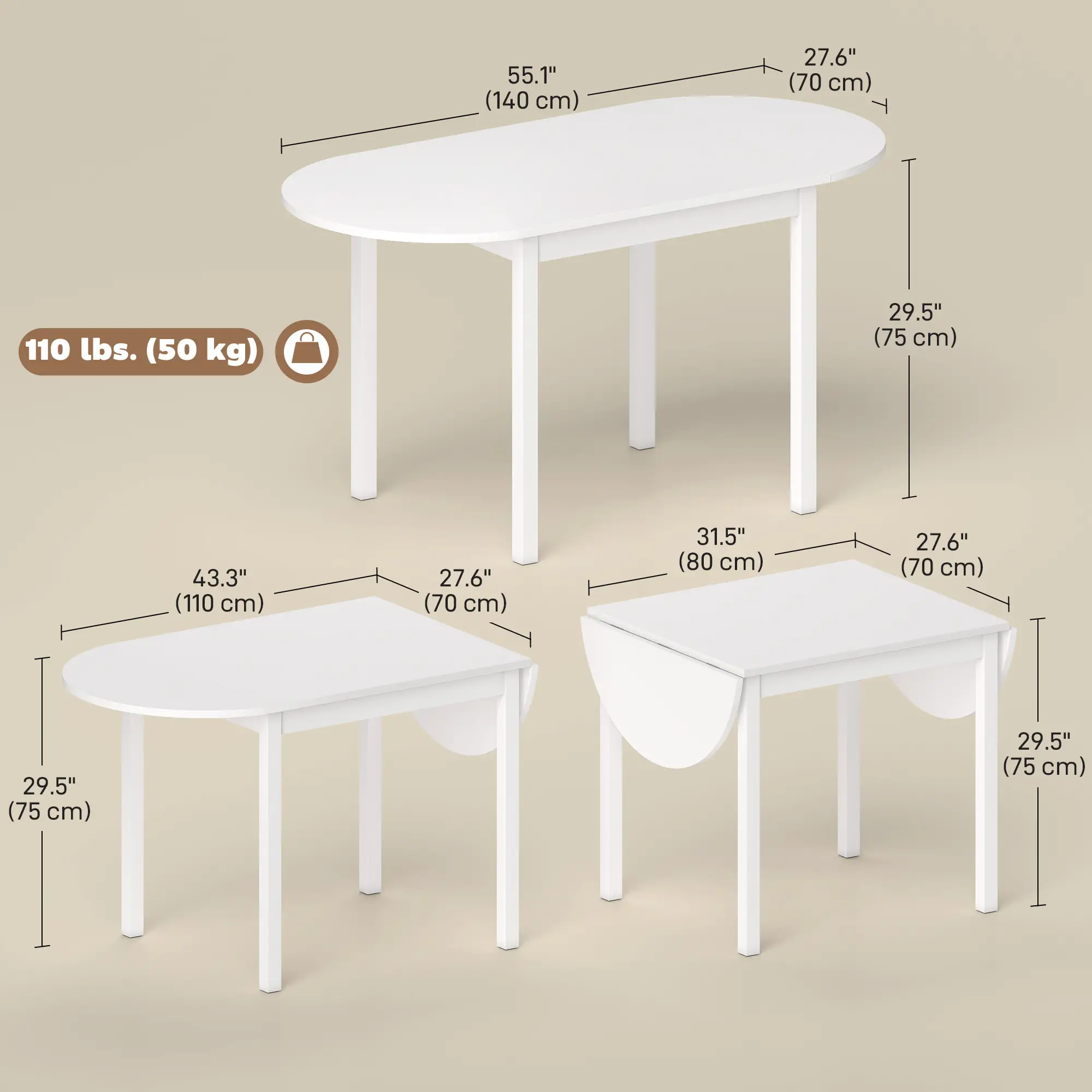 Solid Wood Kitchen Table, Drop Leaf, Folding Dining Table, White - Image 3
