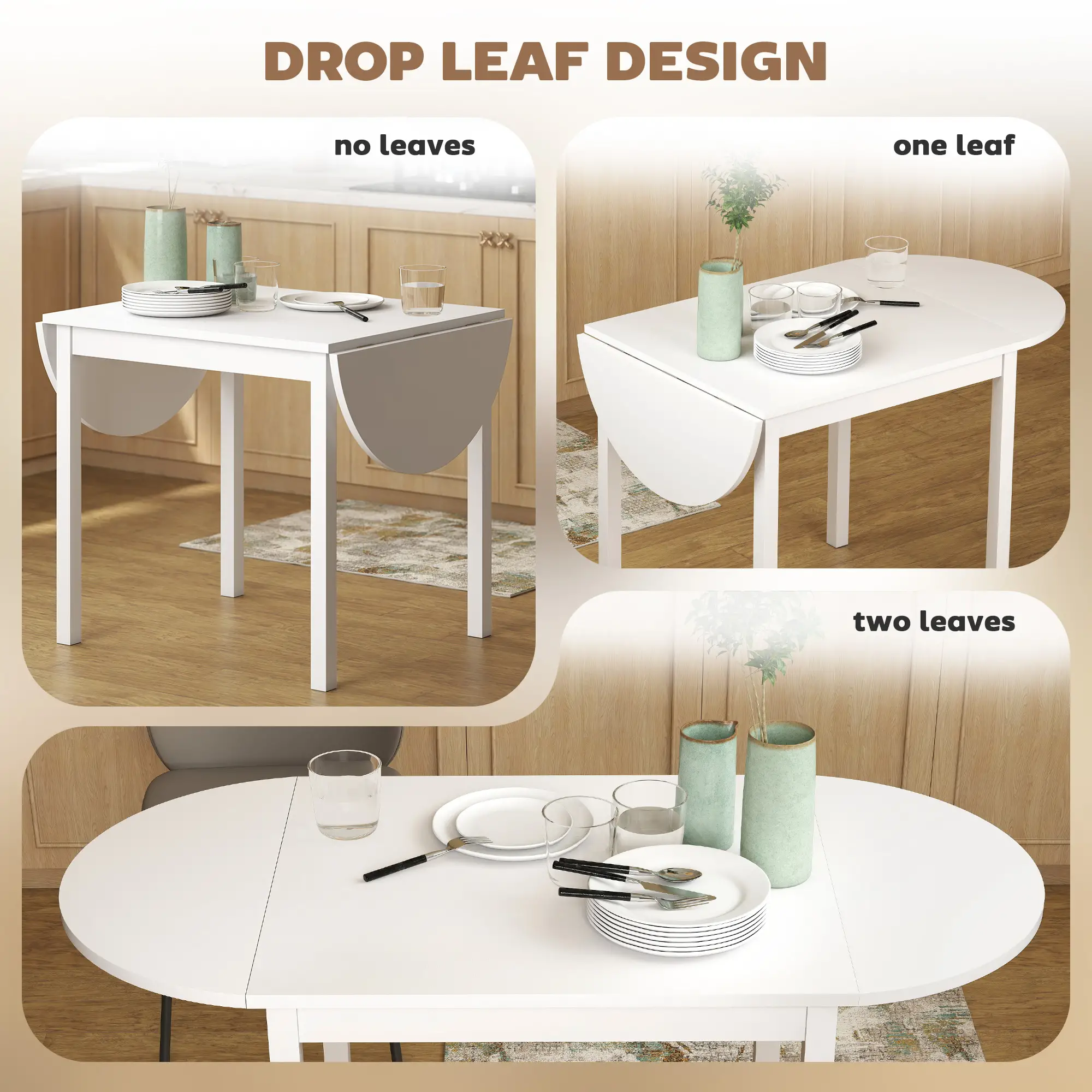 Solid Wood Kitchen Table, Drop Leaf, Folding Dining Table, White - Image 5