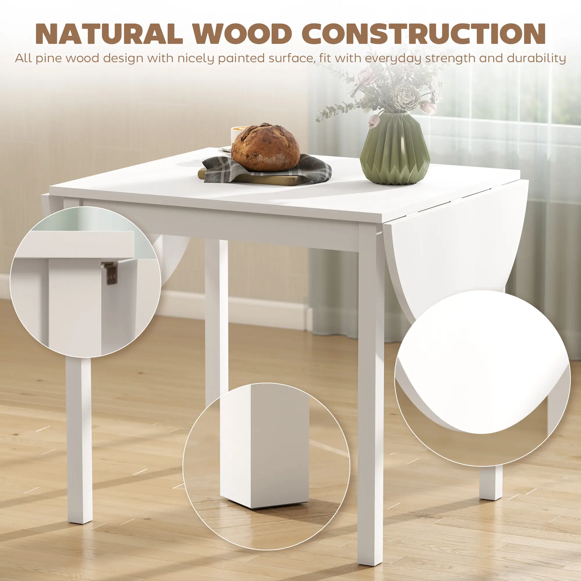 Solid Wood Kitchen Table, Drop Leaf, Folding Dining Table, White - Image 6