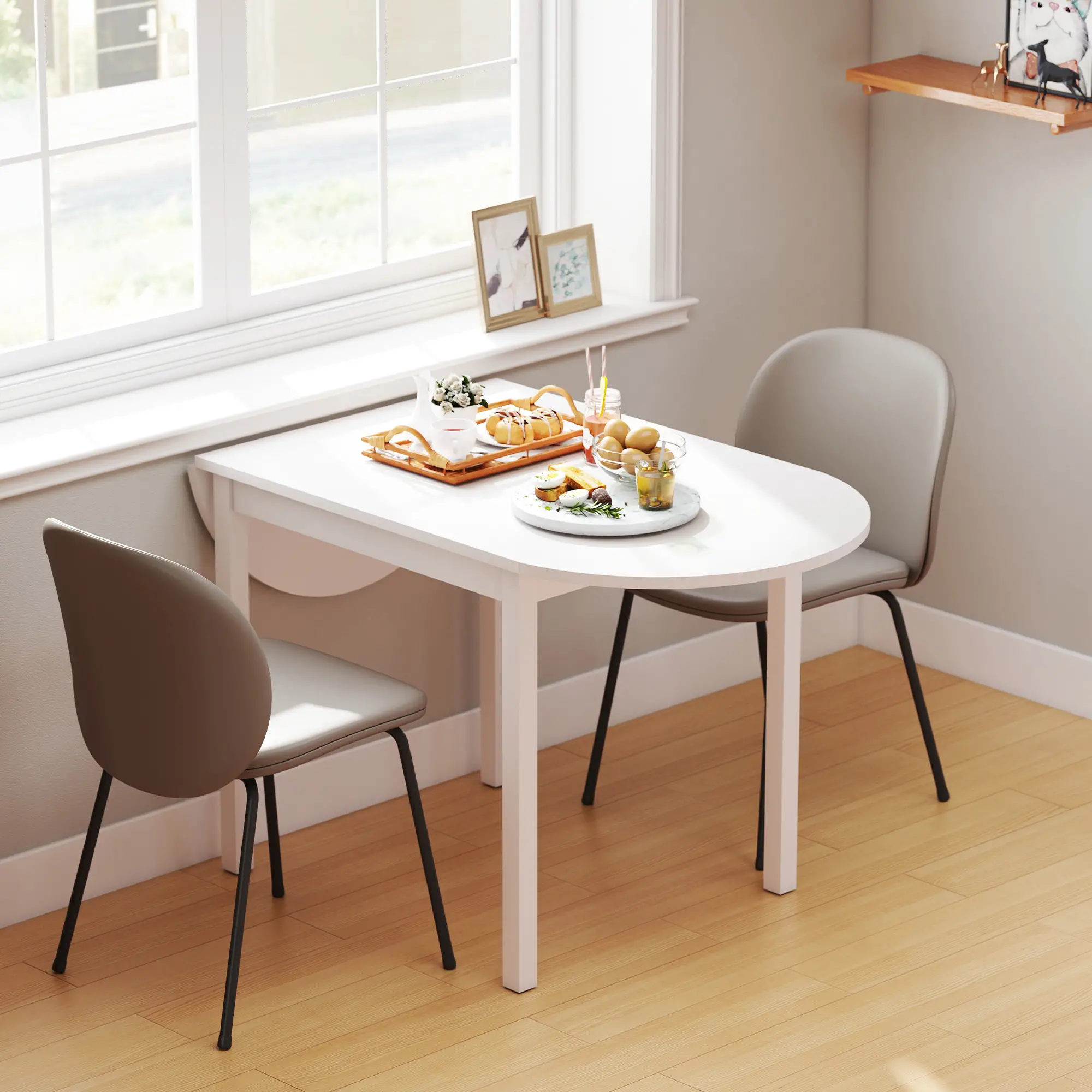 Solid Wood Kitchen Table, Drop Leaf, Folding Dining Table, White - Image 7