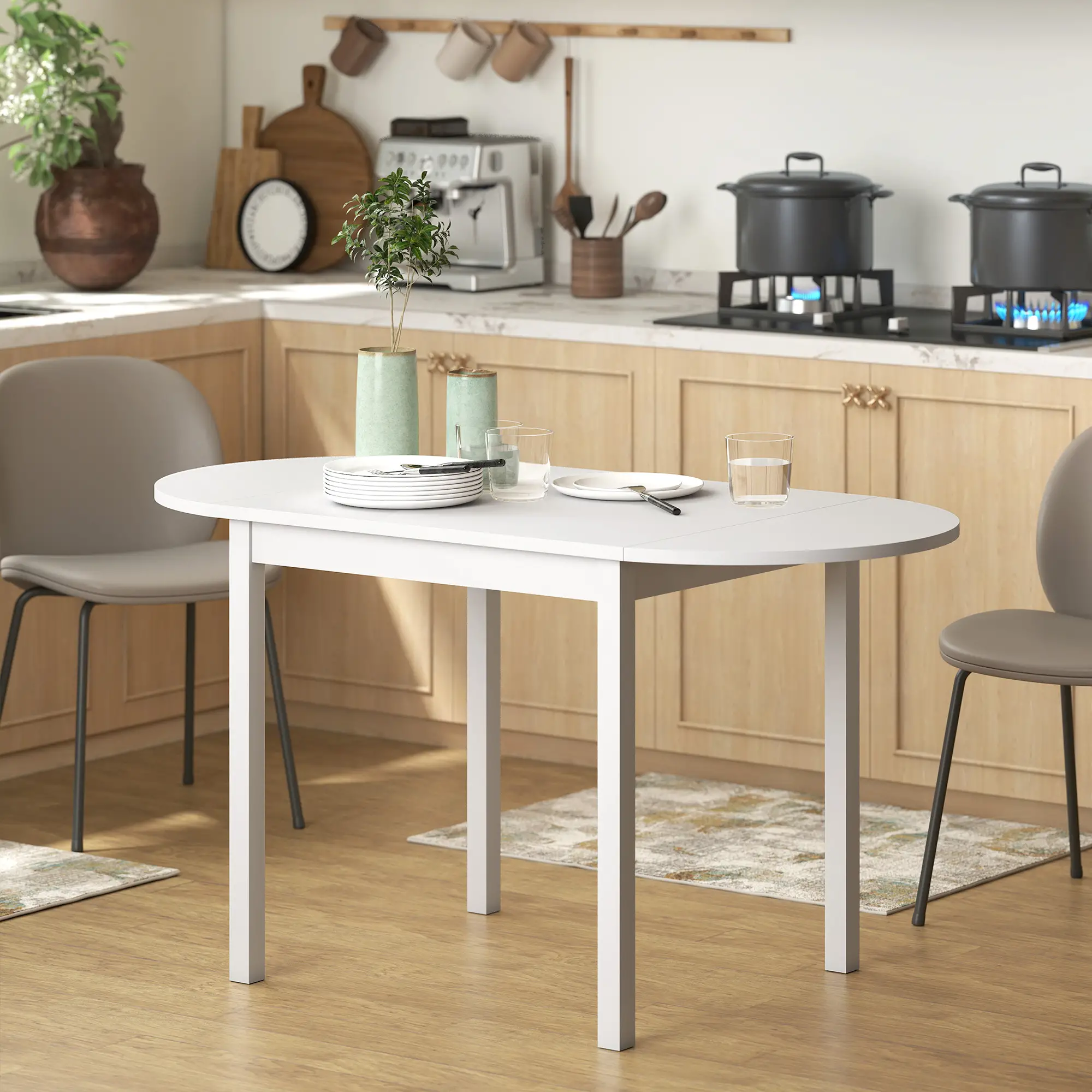Solid Wood Kitchen Table, Drop Leaf, Folding Dining Table, White - Image 8