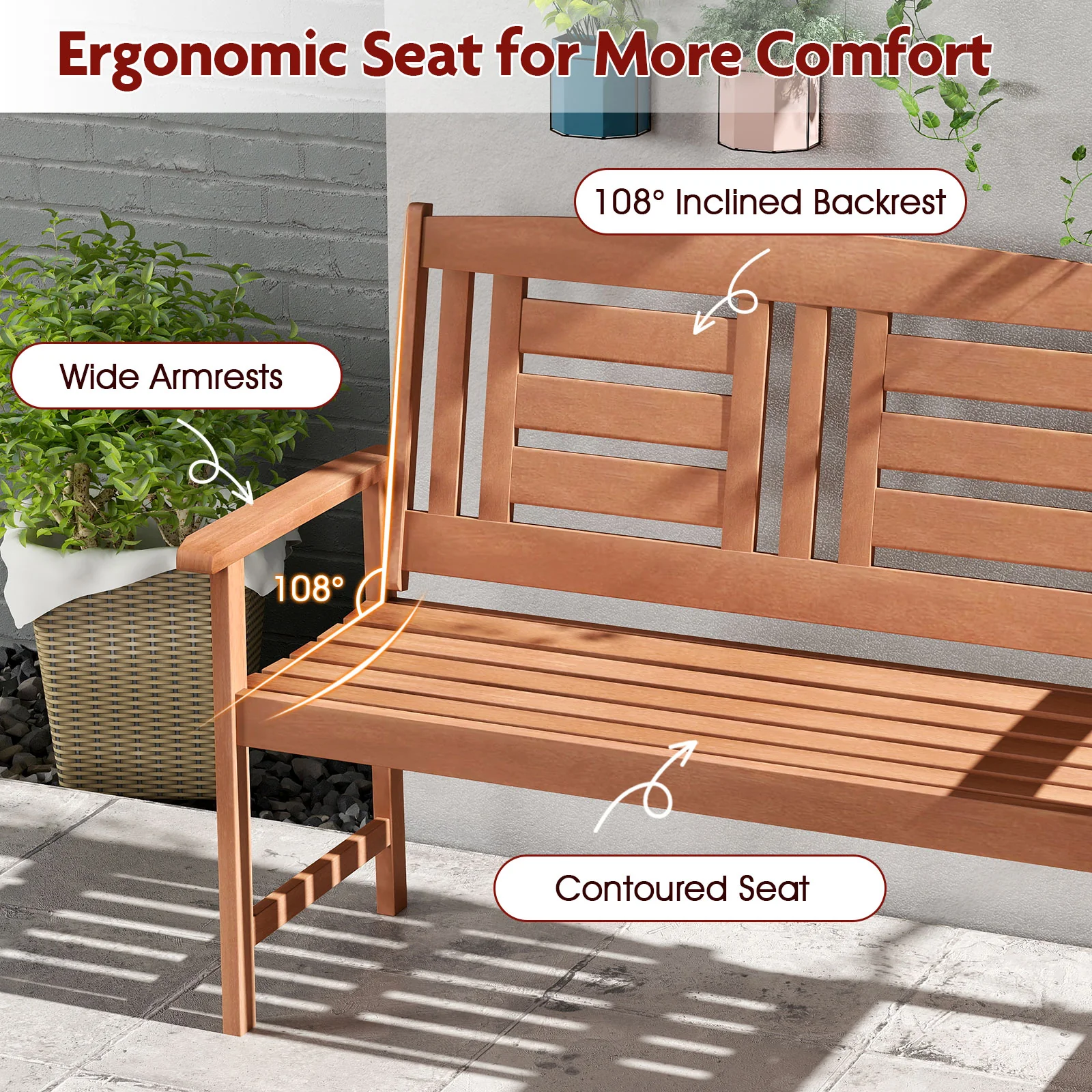 Solid Wood Loveseat, 2-Seat Bench With Inclined Backrest, Natural - Image 10