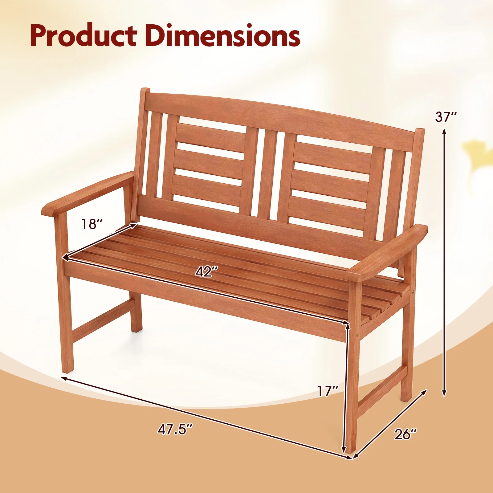 Solid Wood Loveseat, 2-Seat Bench With Inclined Backrest, Natural - Image 6