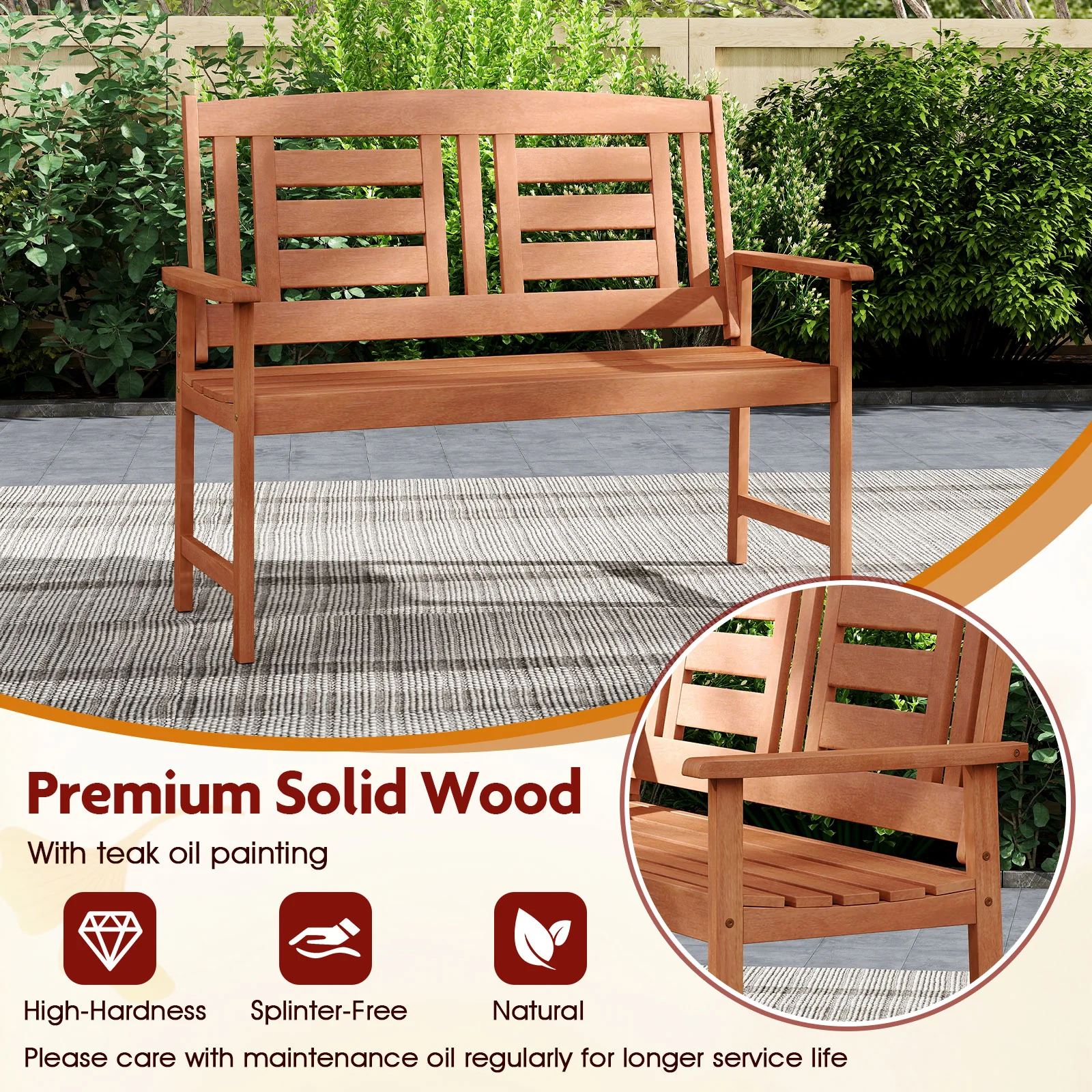 Solid Wood Loveseat, 2-Seat Bench With Inclined Backrest, Natural - Image 8