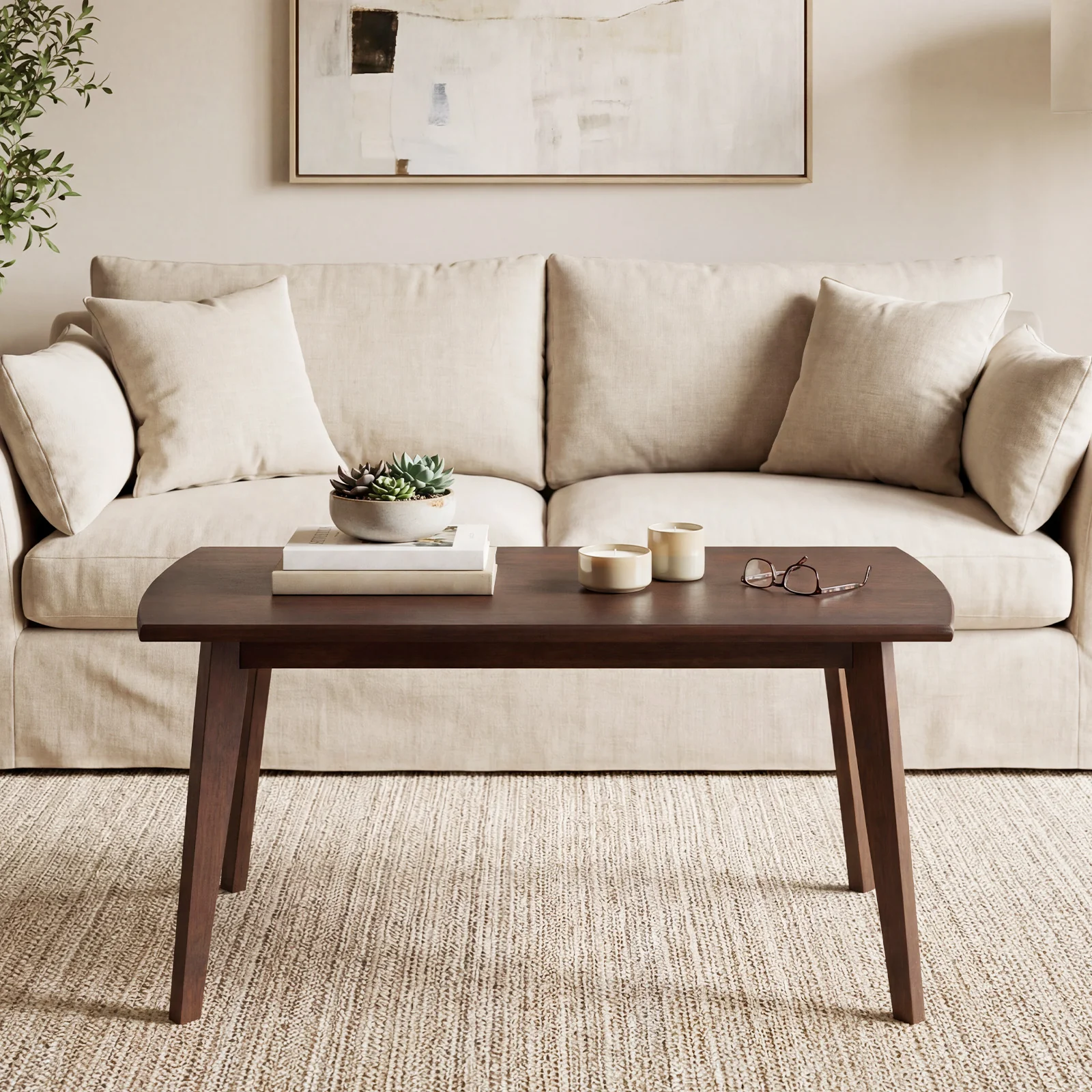 Solid Wood Modern Coffee Table, Tapered Legs, Walnut - Image 6