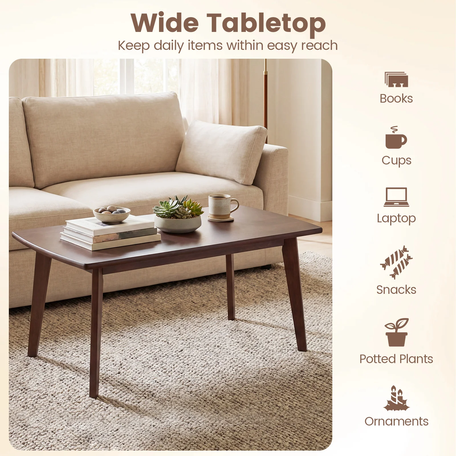 Solid Wood Modern Coffee Table, Tapered Legs, Walnut - Image 7