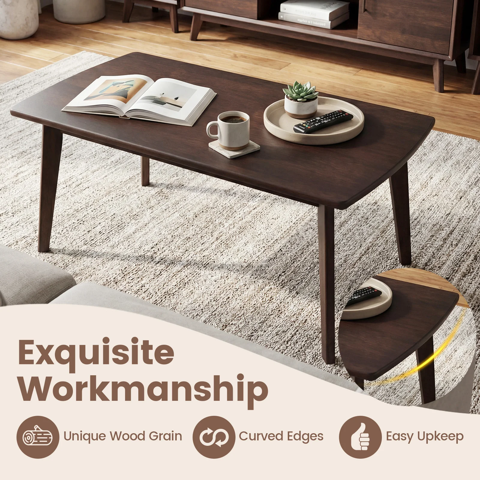 Solid Wood Modern Coffee Table, Tapered Legs, Walnut - Image 8
