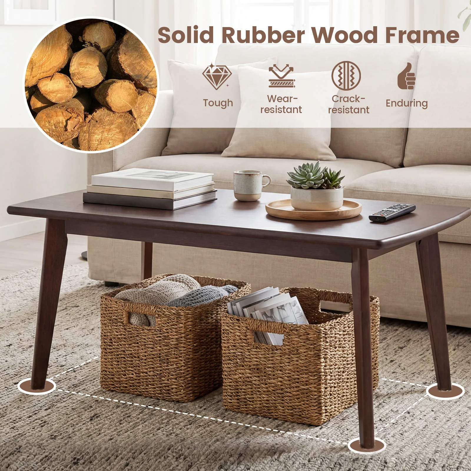 Solid Wood Modern Coffee Table, Tapered Legs, Walnut - Image 9