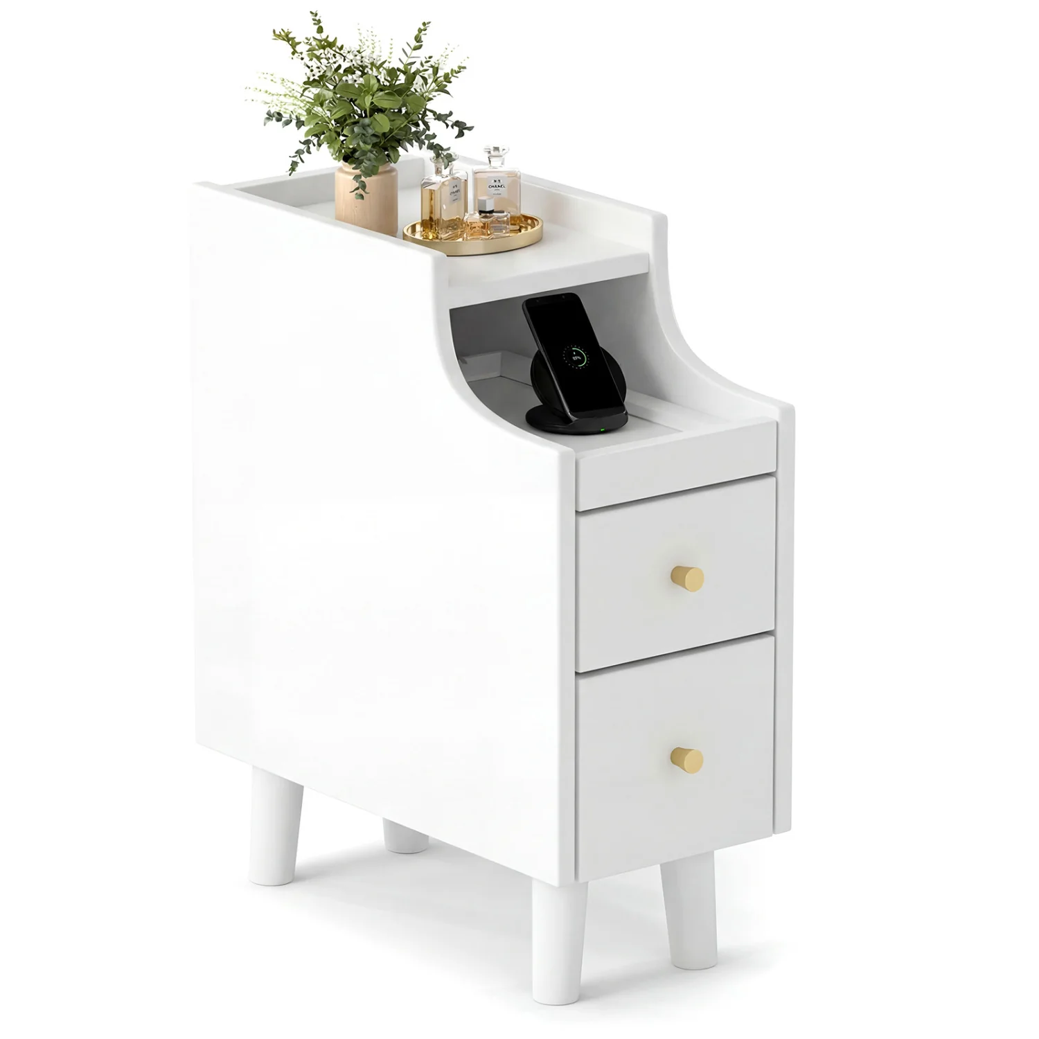 Solid Wood Narrow Nightstand with Pull-Out Tray & 2 Drawers, White