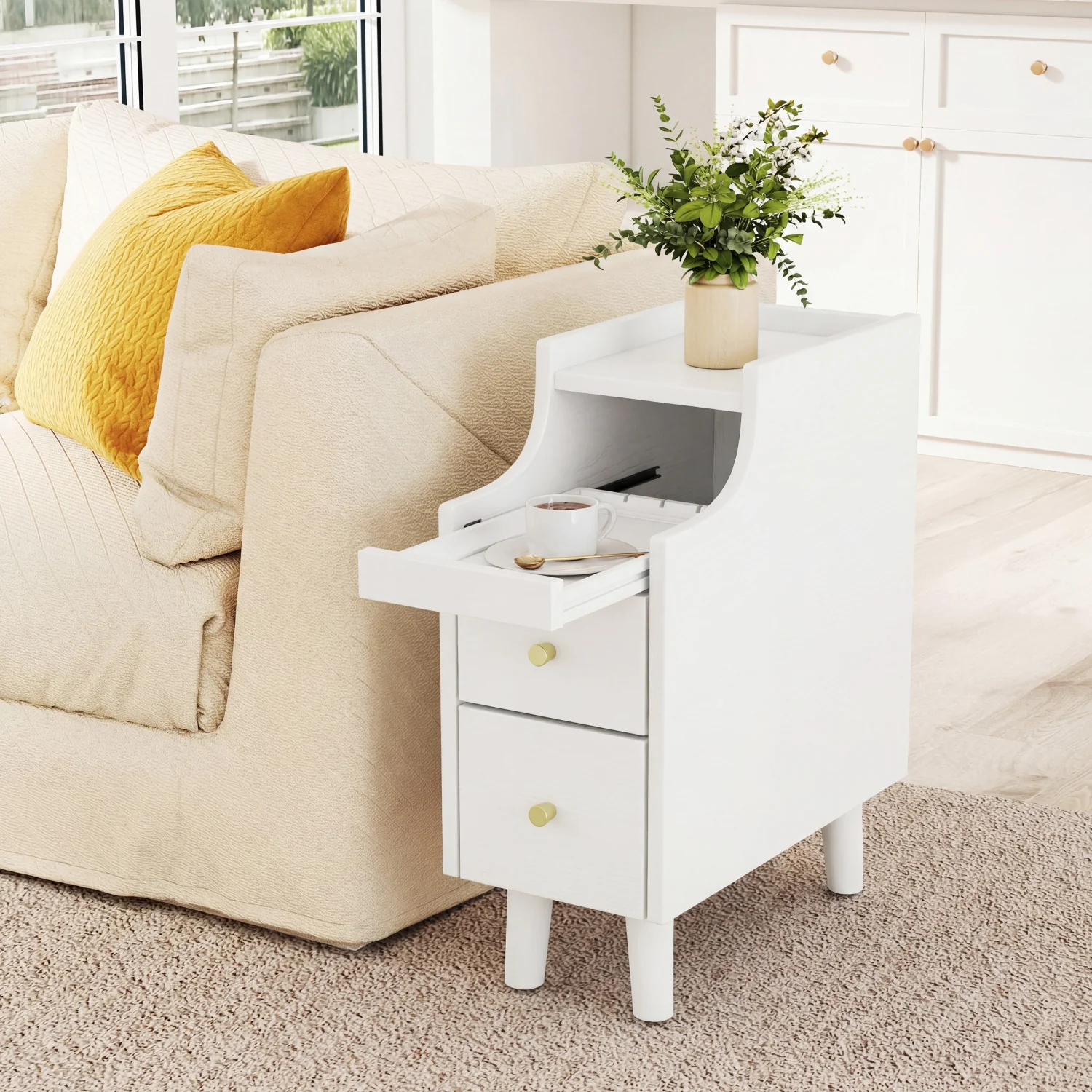 Solid Wood Narrow Nightstand with Pull-Out Tray & 2 Drawers, White - Image 2