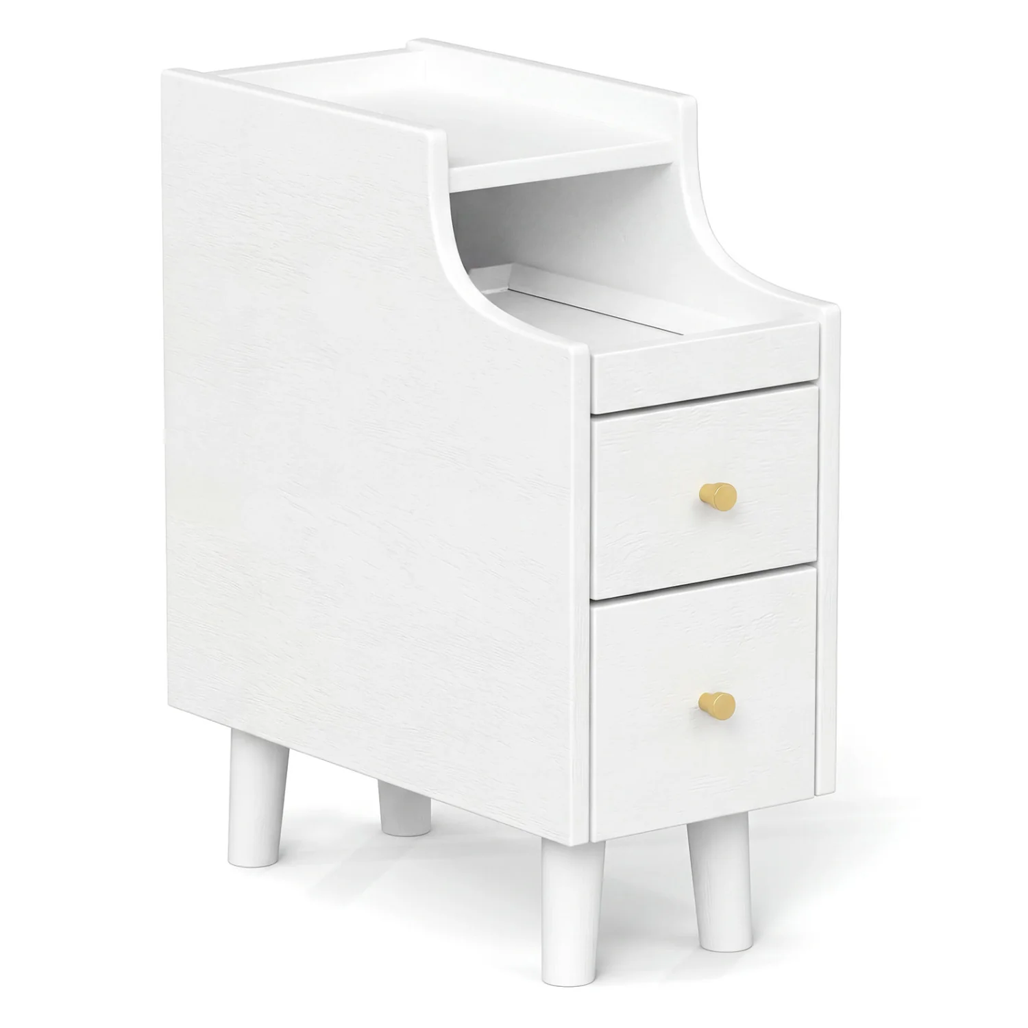 Solid Wood Narrow Nightstand with Pull-Out Tray & 2 Drawers, White - Image 3