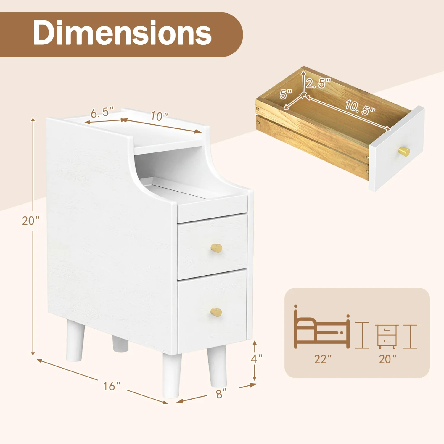 Solid Wood Narrow Nightstand with Pull-Out Tray & 2 Drawers, White - Image 4