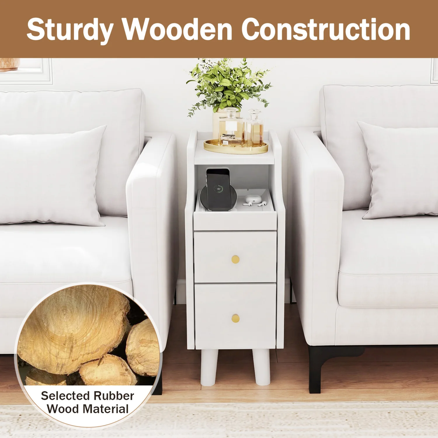 Solid Wood Narrow Nightstand with Pull-Out Tray & 2 Drawers, White - Image 6