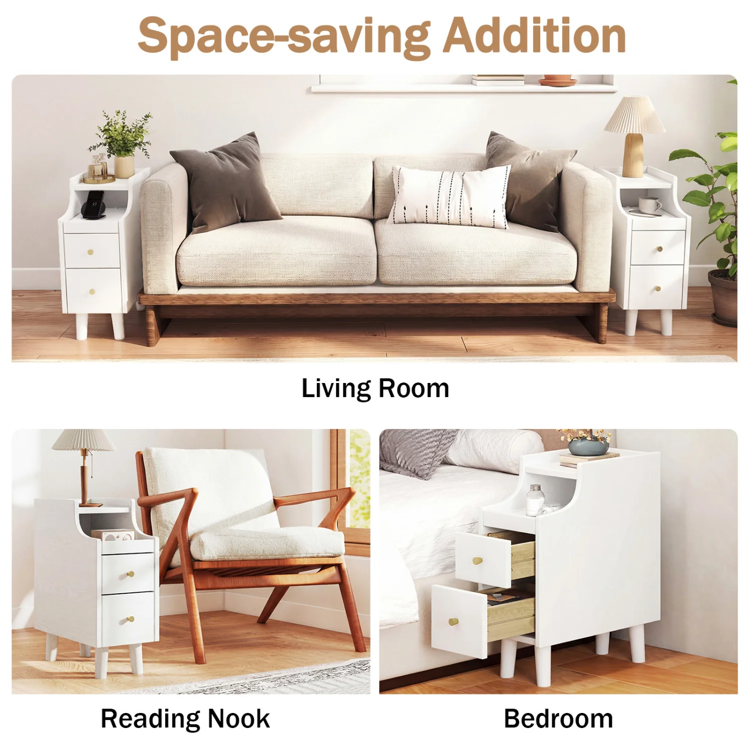 Solid Wood Narrow Nightstand with Pull-Out Tray & 2 Drawers, White - Image 8