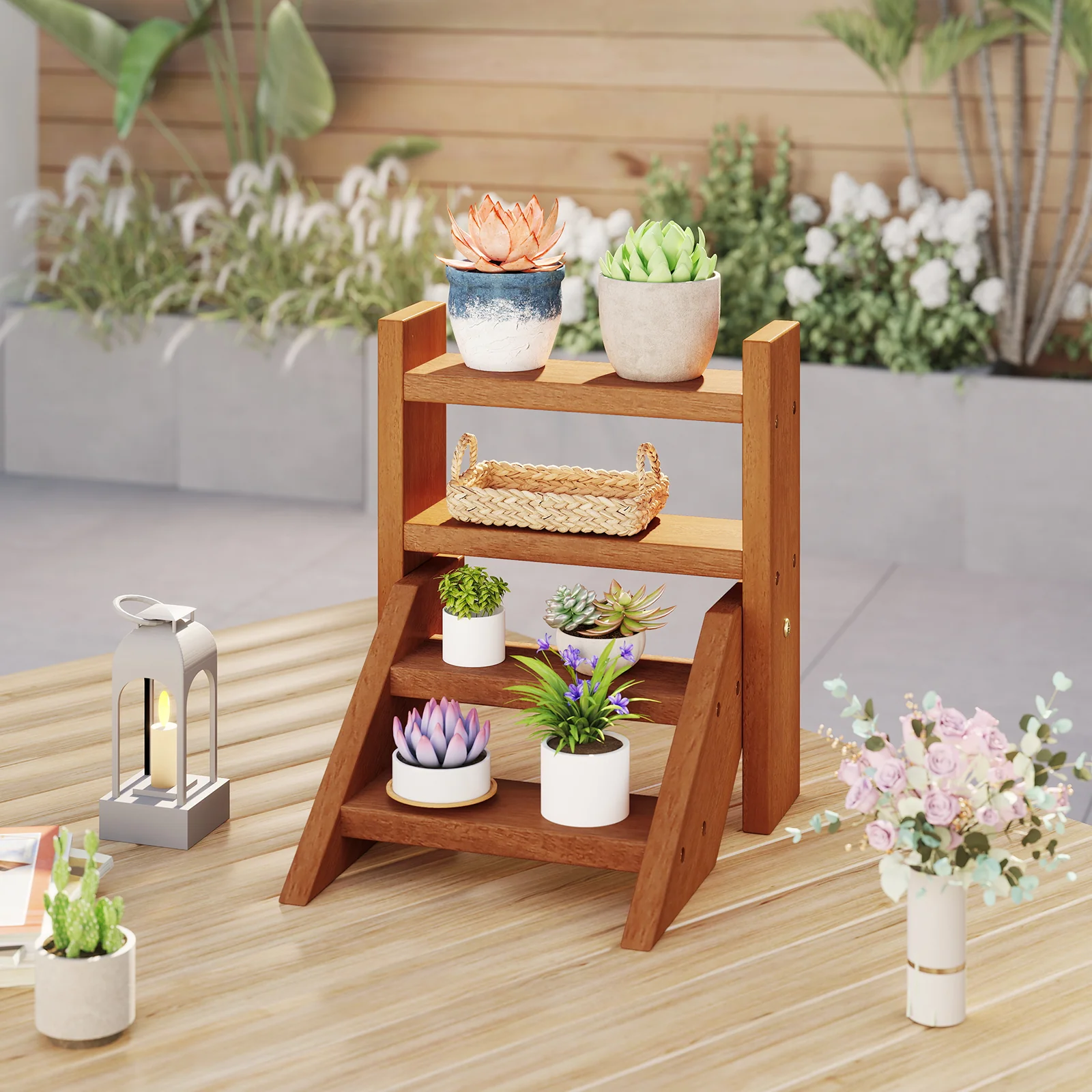 Solid Wood Plant Stand, Flowerpots And Succulents, Natural - Image 2