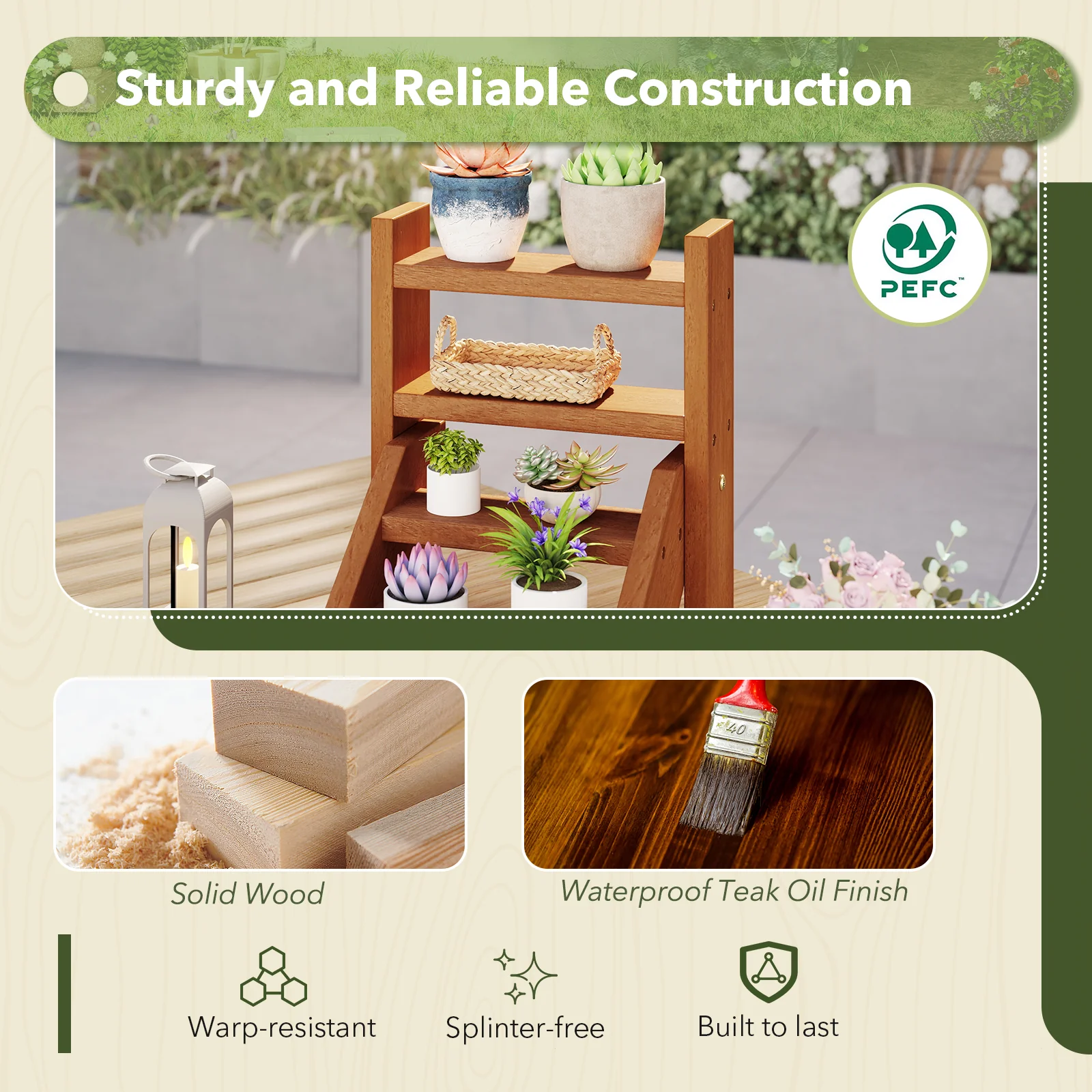 Solid Wood Plant Stand, Flowerpots And Succulents, Natural - Image 7
