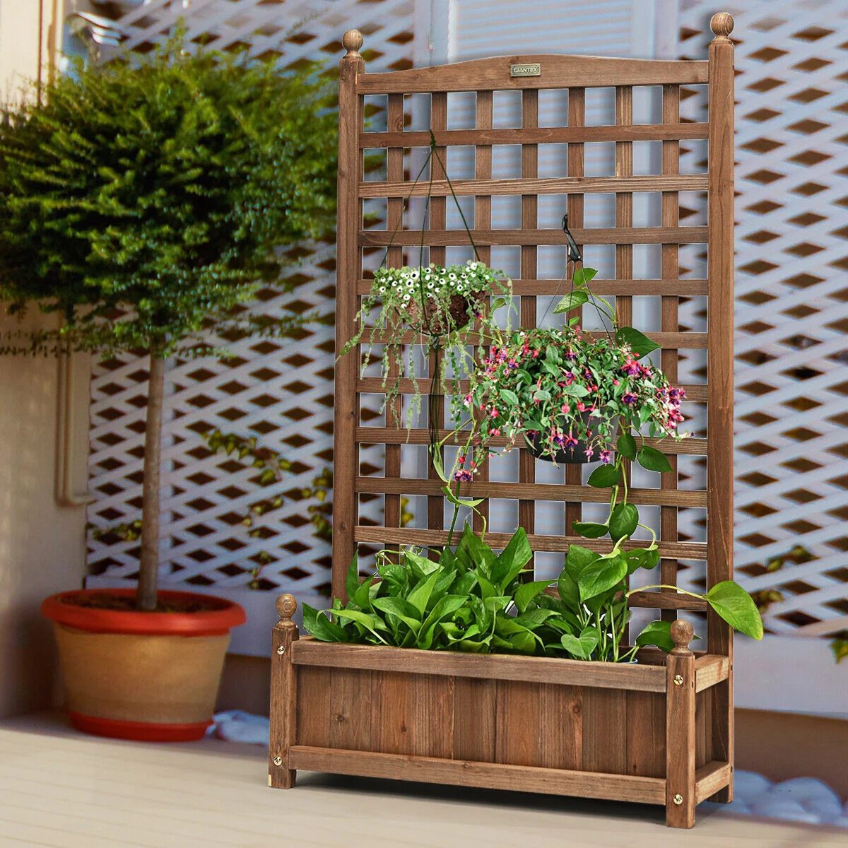 Solid Wood Planter Box With Trellis, Brown - Image 2