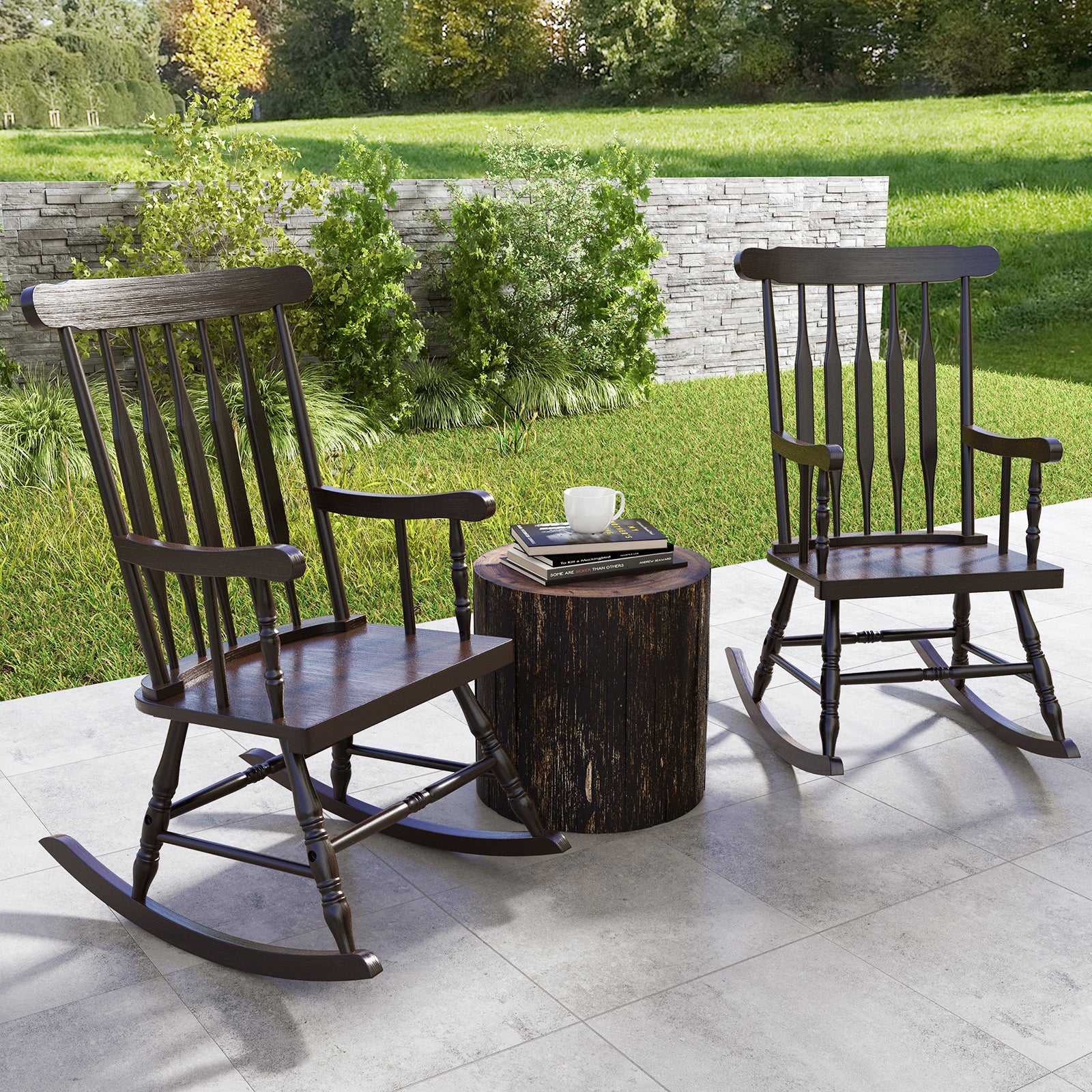 Solid Wood Porch Rocking Chair, Glossy Finish, Brown - Image 2