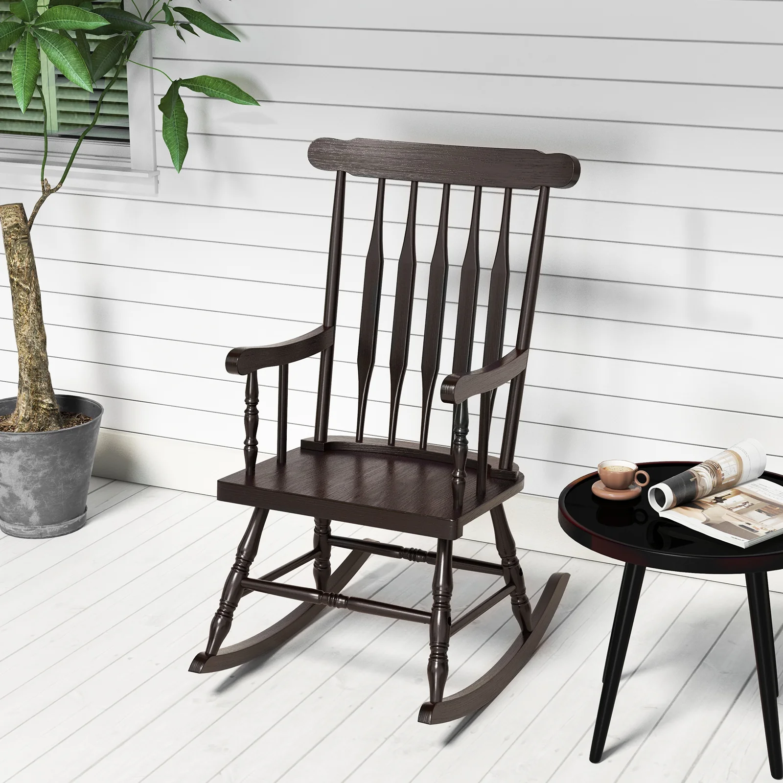 Solid Wood Porch Rocking Chair, Glossy Finish, Brown - Image 3