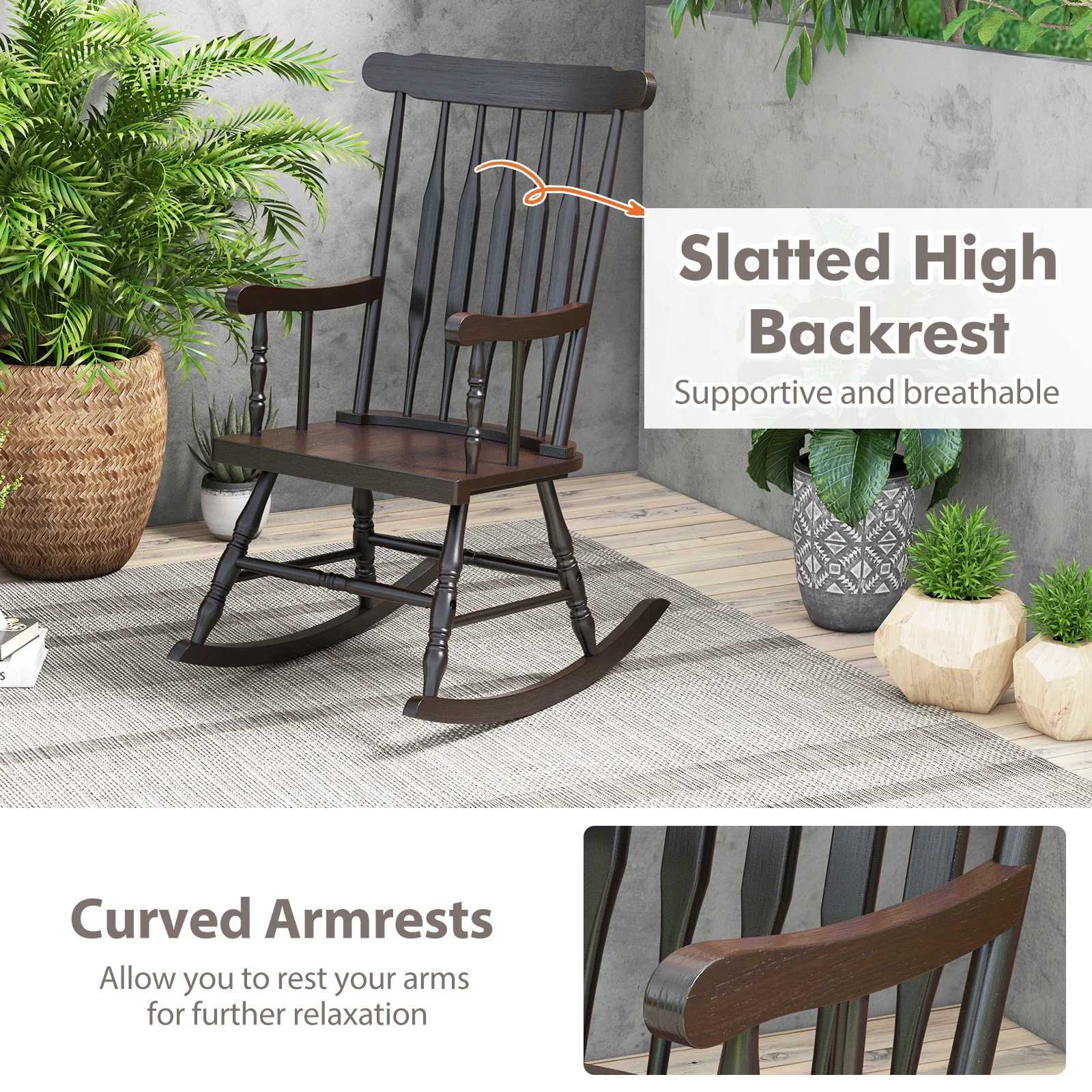 Solid Wood Porch Rocking Chair, Glossy Finish, Brown - Image 8
