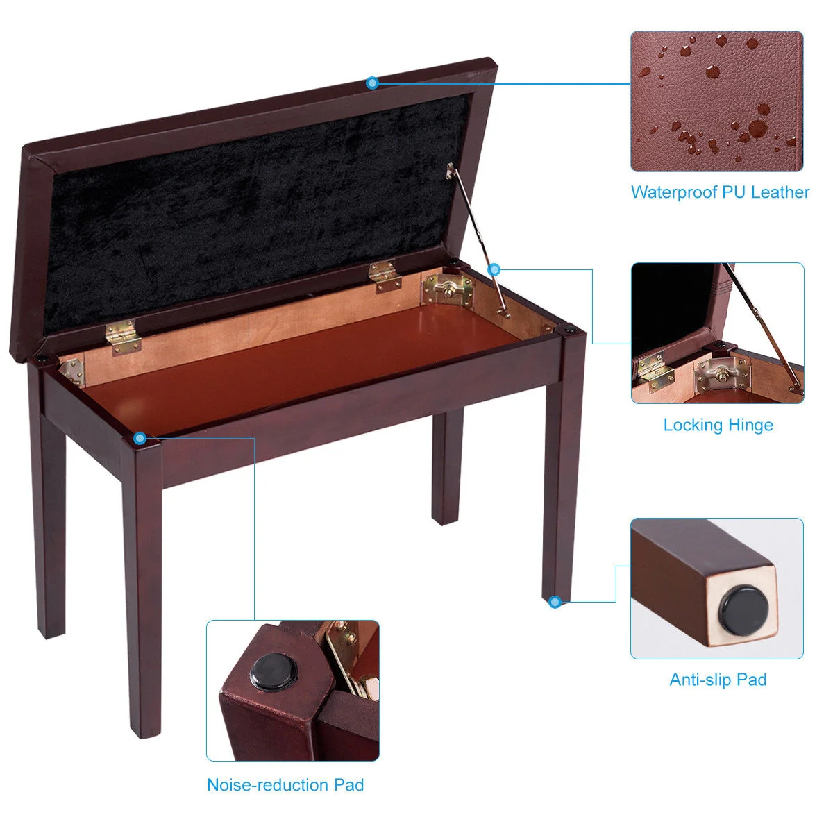 Solid Wood PU Leather Padded Piano Bench, Brown - Image 7