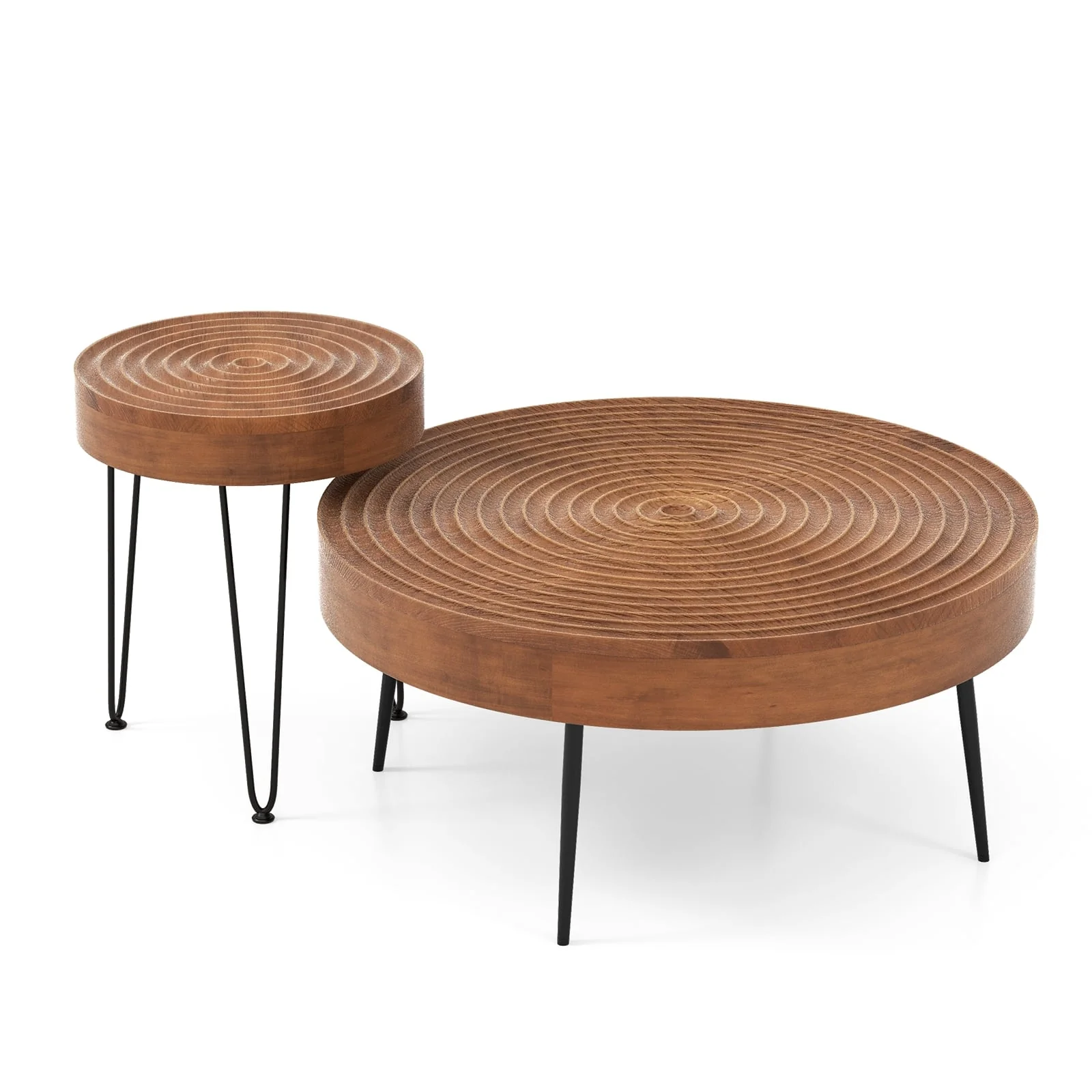 Solid Wood Ring Pattern Farmhouse Coffee Tables, 2 Piece Set, Brown
