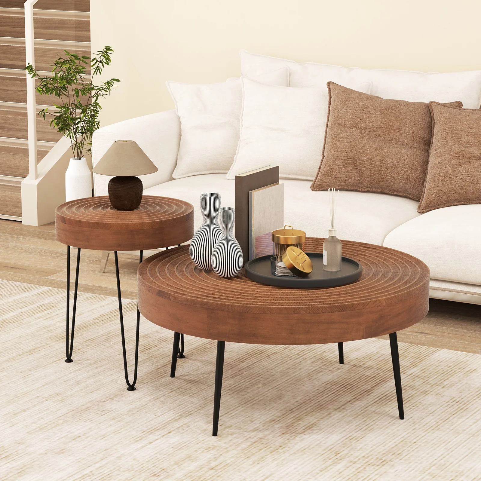 Solid Wood Ring Pattern Farmhouse Coffee Tables, 2 Piece Set, Brown - Image 2