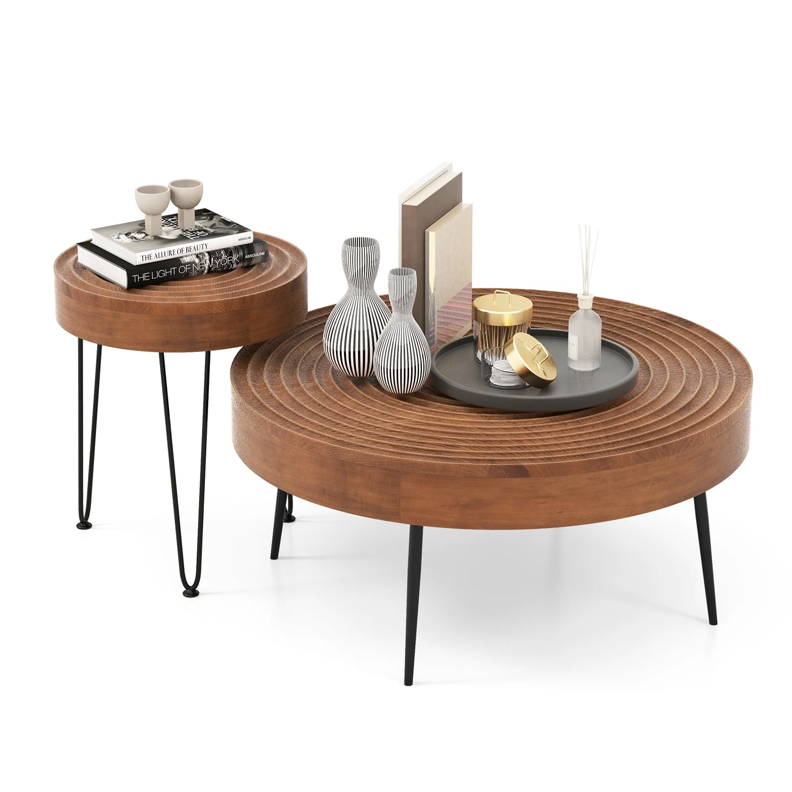 Solid Wood Ring Pattern Farmhouse Coffee Tables, 2 Piece Set, Brown - Image 5