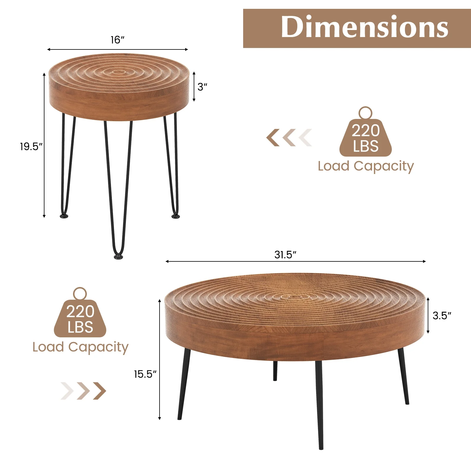Solid Wood Ring Pattern Farmhouse Coffee Tables, 2 Piece Set, Brown - Image 6