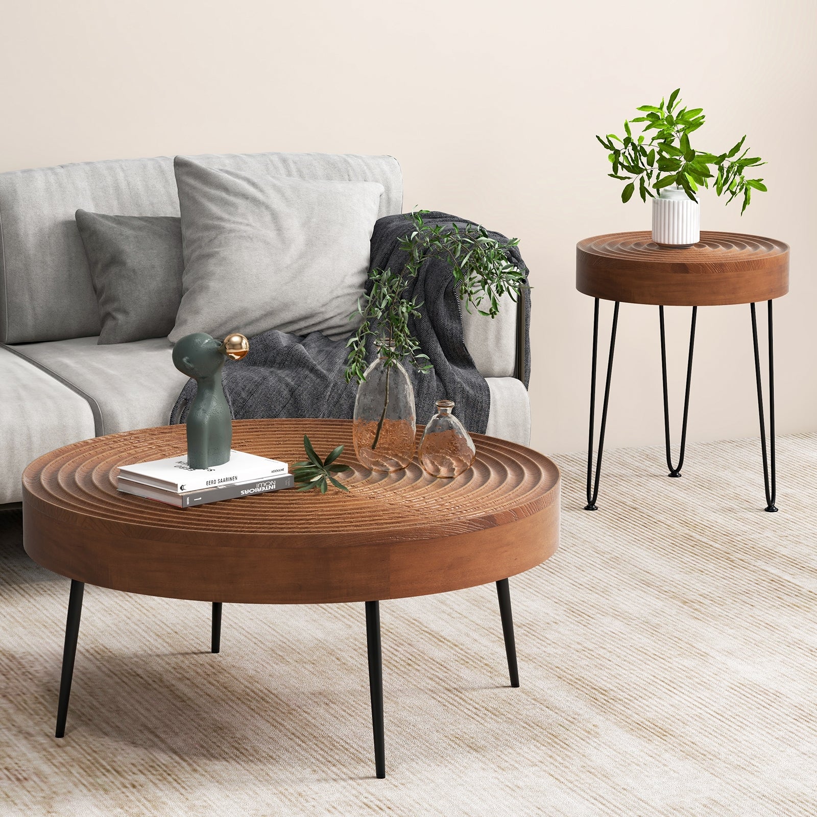 Solid Wood Ring Pattern Farmhouse Coffee Tables, 2 Piece Set, Brown - Image 7