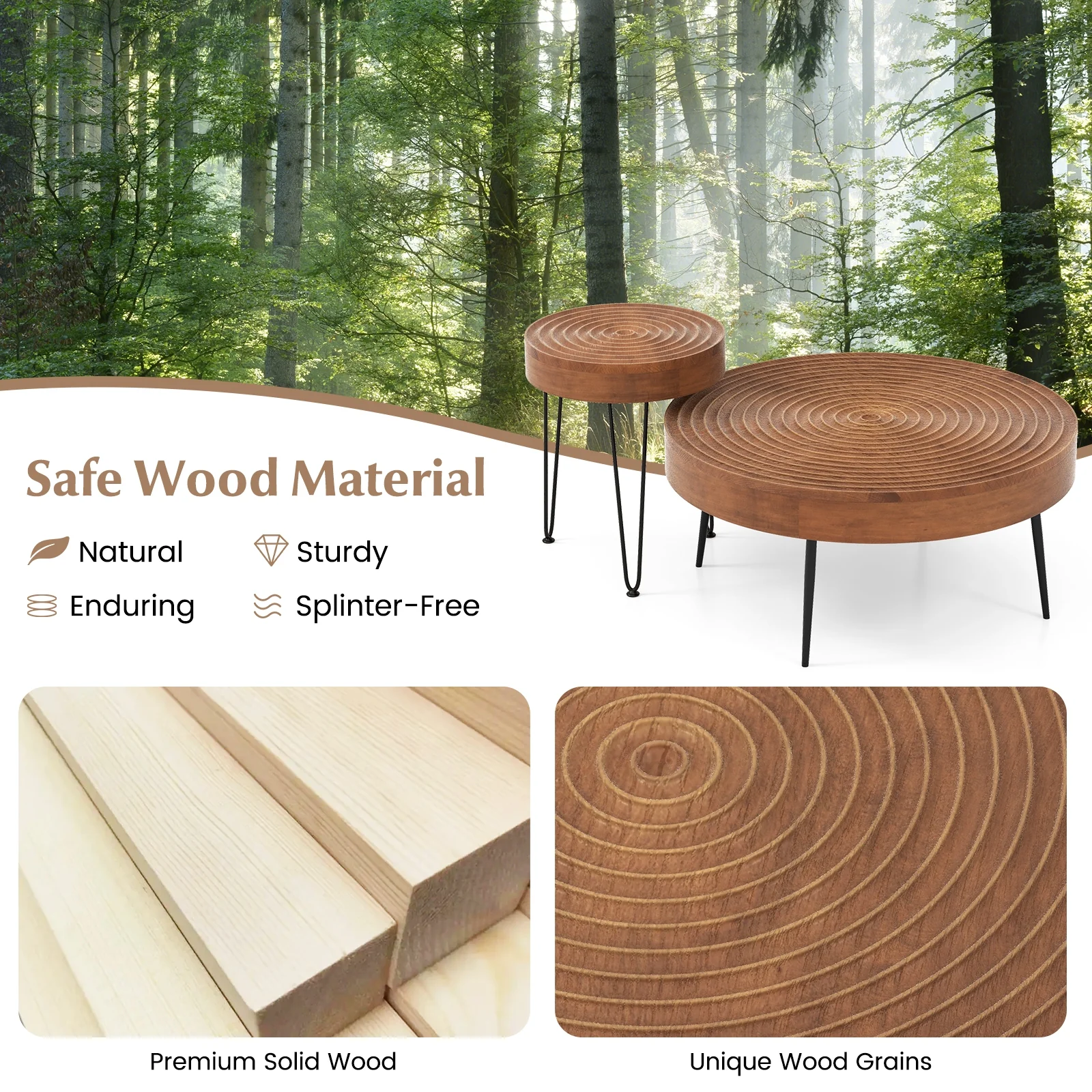 Solid Wood Ring Pattern Farmhouse Coffee Tables, 2 Piece Set, Brown - Image 8