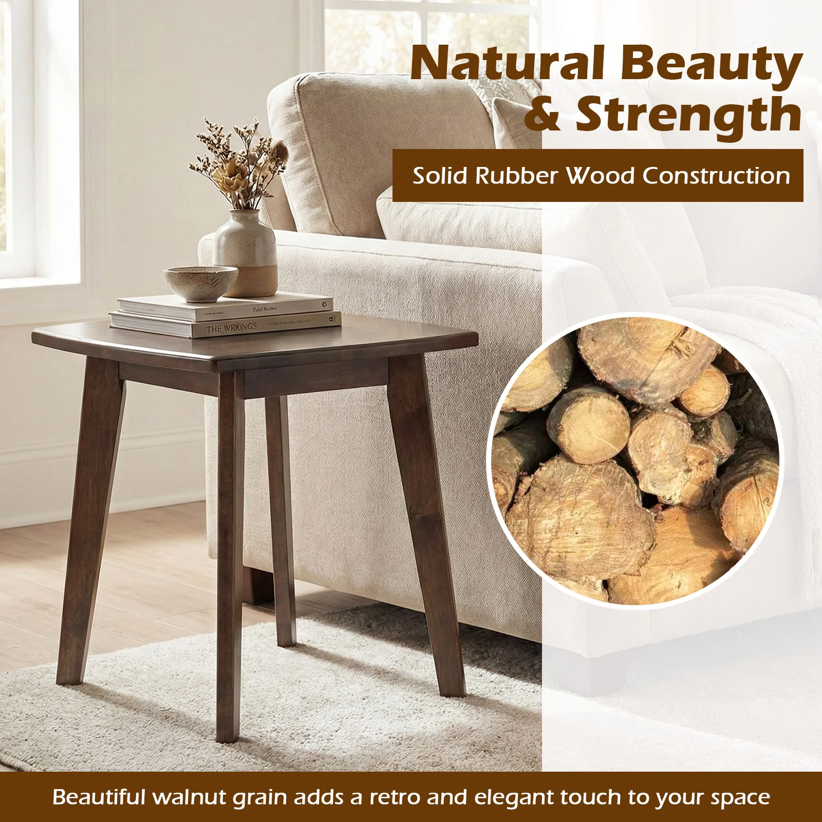 Solid Wood Square End Table, Thickened Top, Curved Edge, Walnut - Image 8