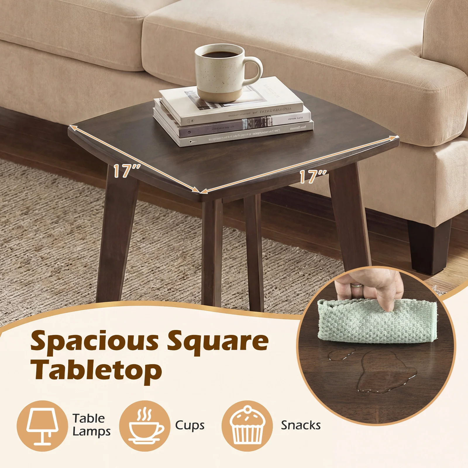 Solid Wood Square End Table, Thickened Top, Curved Edge, Walnut - Image 9