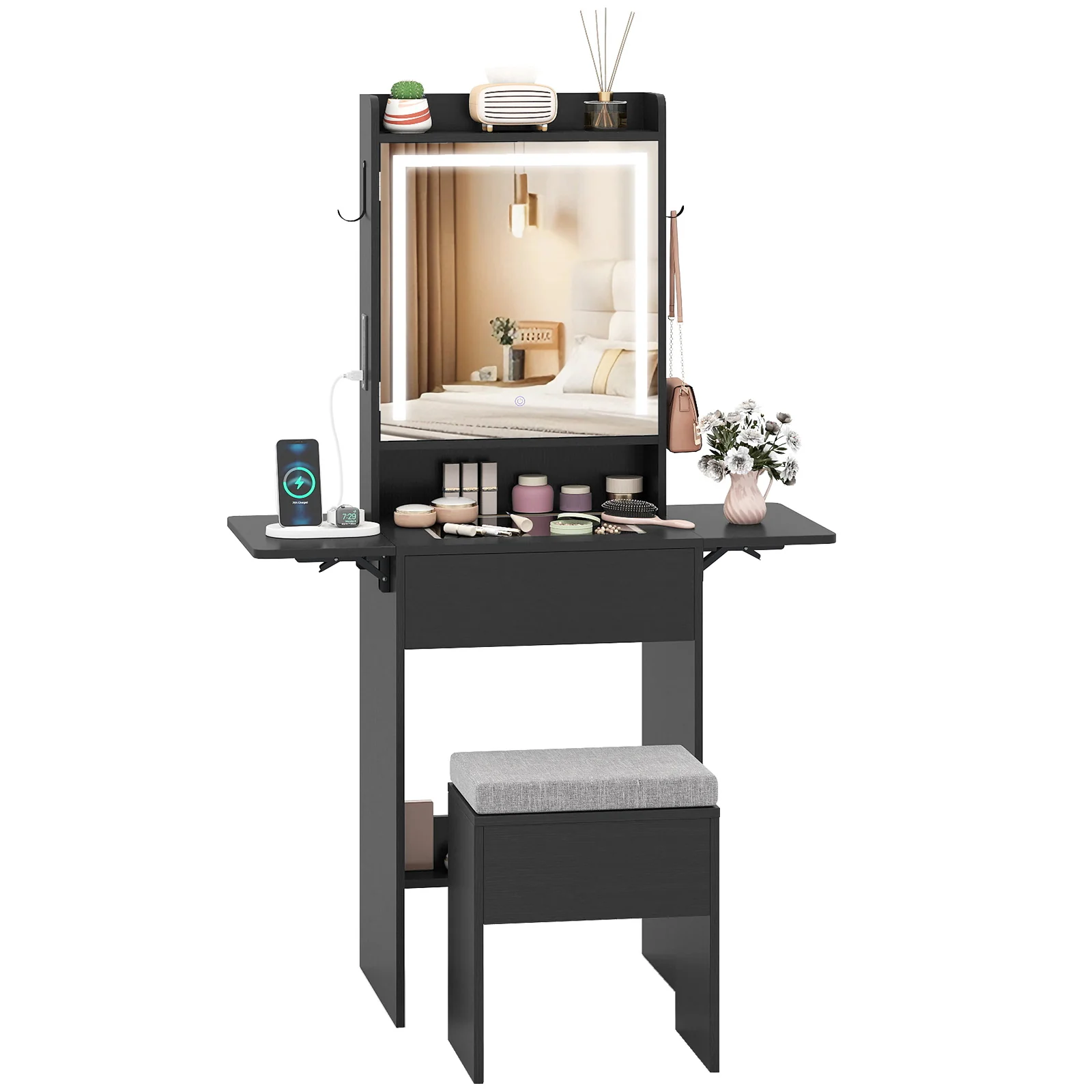 Space-saving Vanity Desk with Mirror and Lights for Bedroom, Black