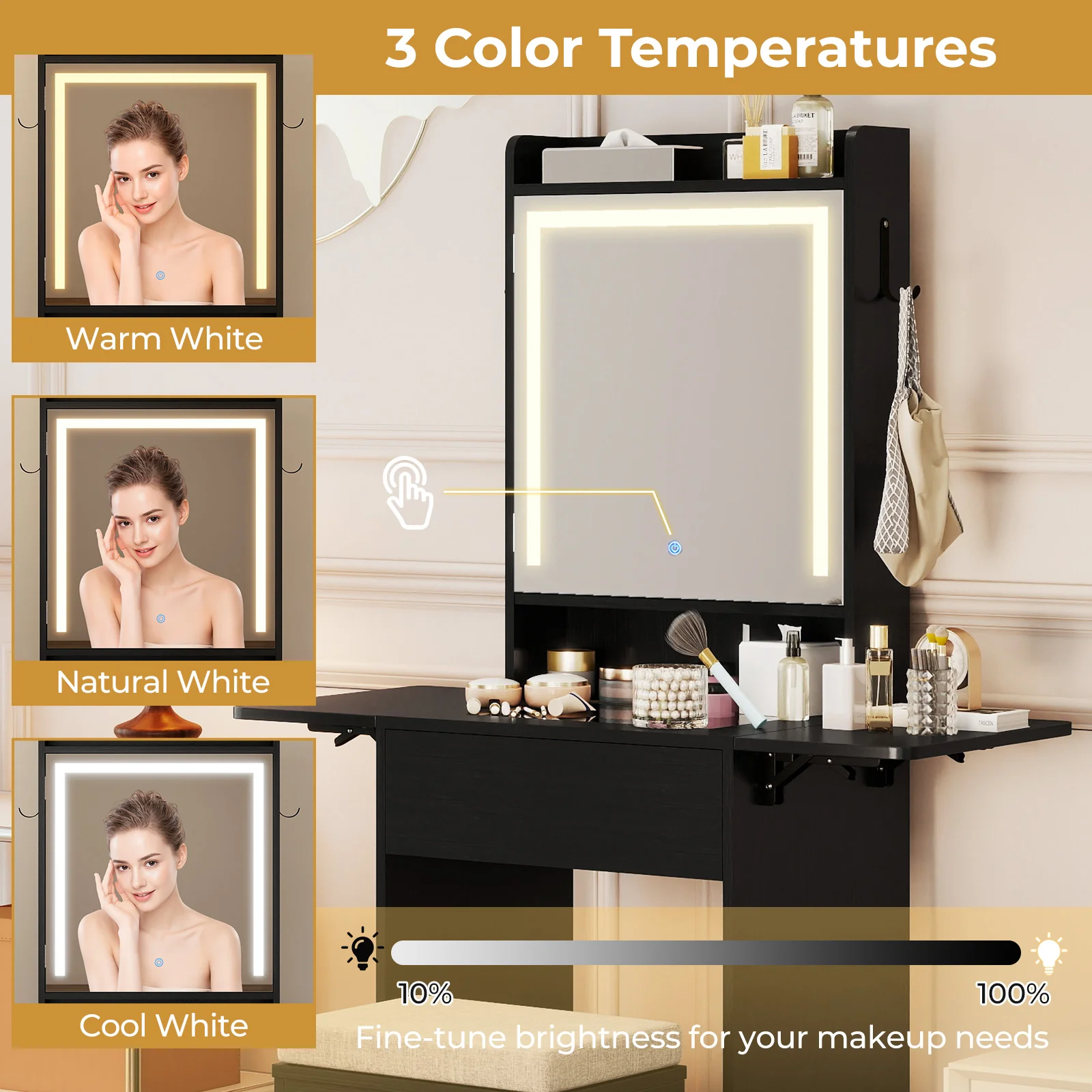 Space-saving Vanity Desk with Mirror and Lights for Bedroom, Black - Image 8