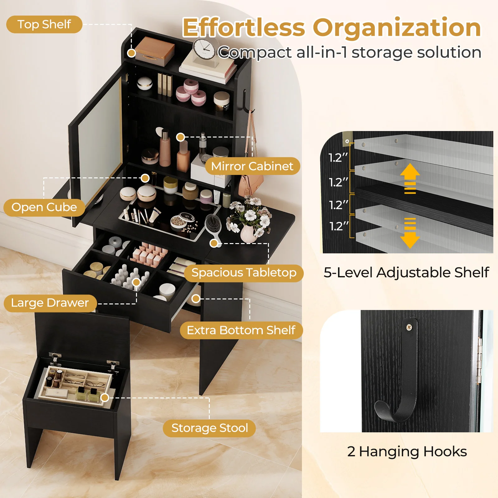 Space-saving Vanity Desk with Mirror and Lights for Bedroom, Black - Image 9